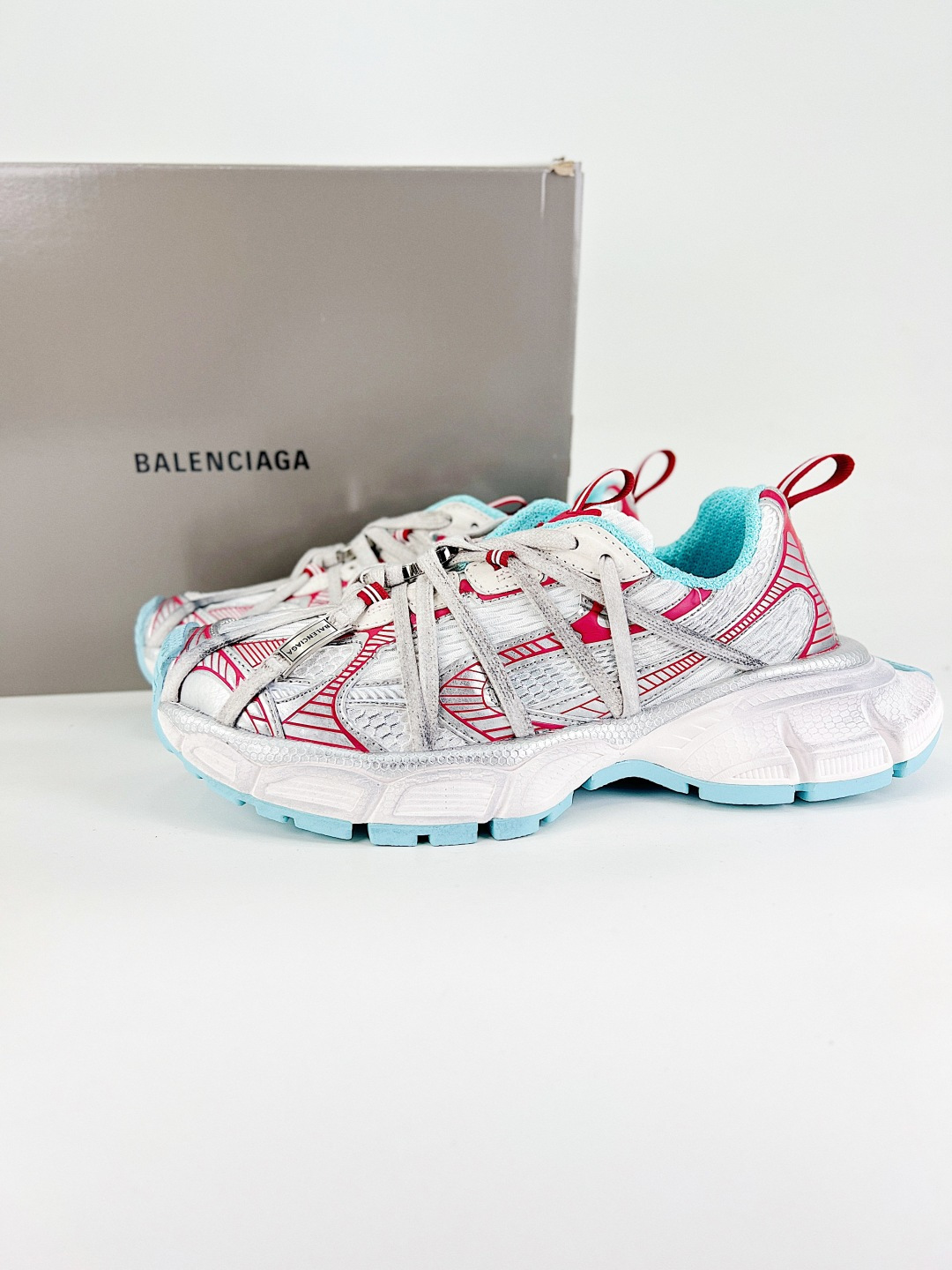 Balenciaga 3XL Light Blue Sole Red Mesh Polyurethane Wrapped Laces Oversized Chunky Sneakers - KAIROO