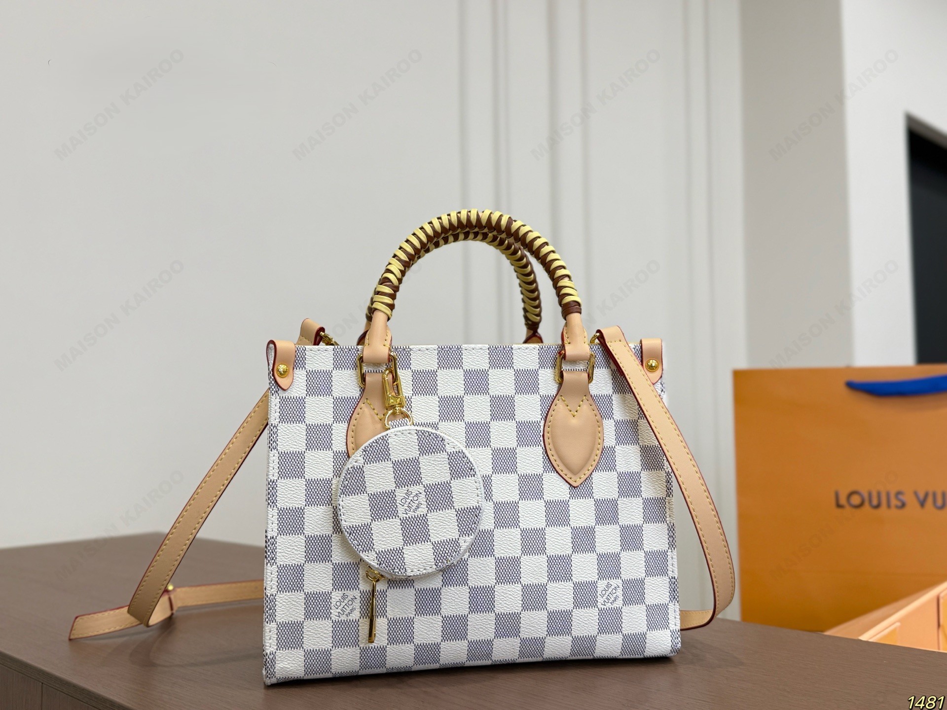 Louis Vuitton LV OnTheGo PM Damier Azur Checkerboard Canvas Braided Top Handle Tote Bag With Coin Purse - KAIROO