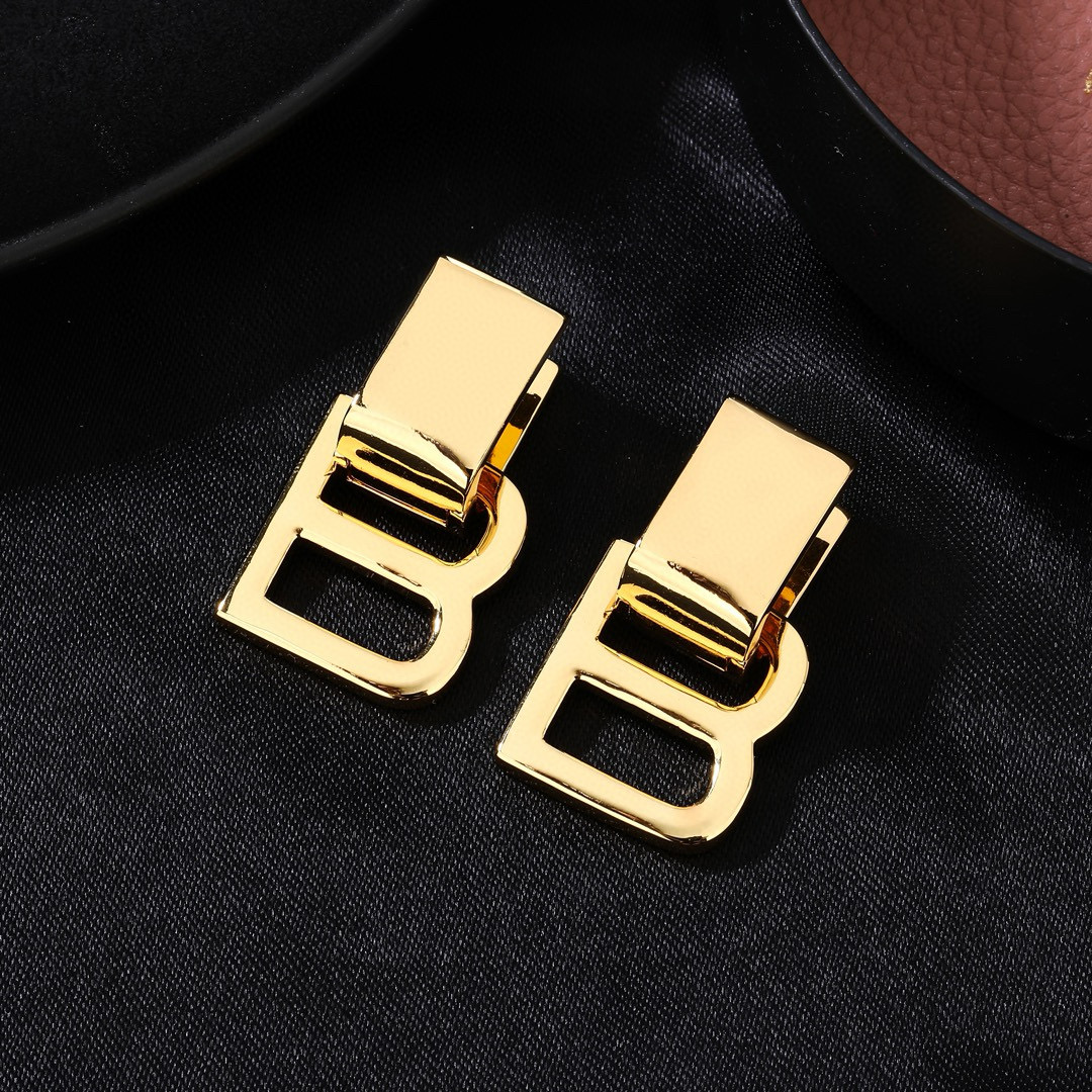 Balenciaga B Chain Polished Gold Tone Letter B Rectangular Top Drop Earrings - KAIROO