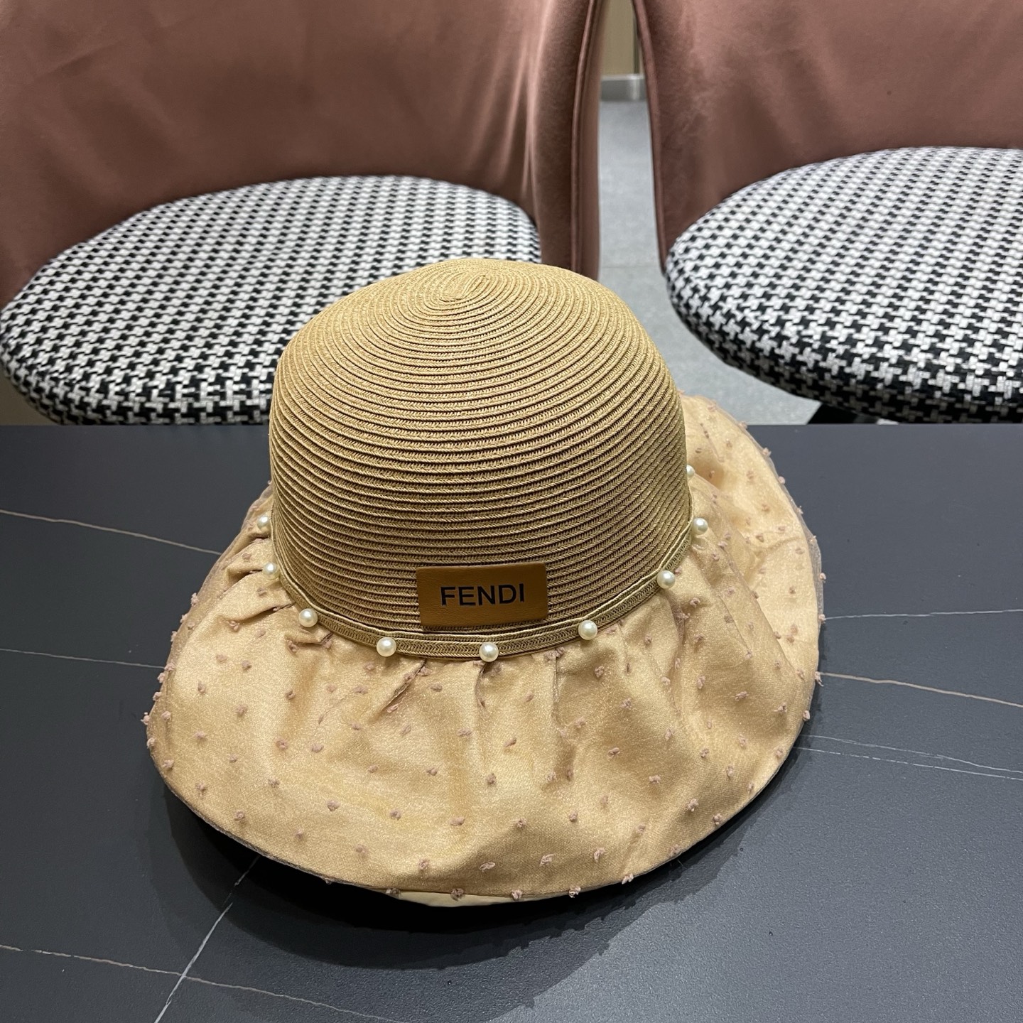 Fendi Woven Straw Wide Brim Sun Hat With Pearl Detailing And Logo Plaque - KAIROO
