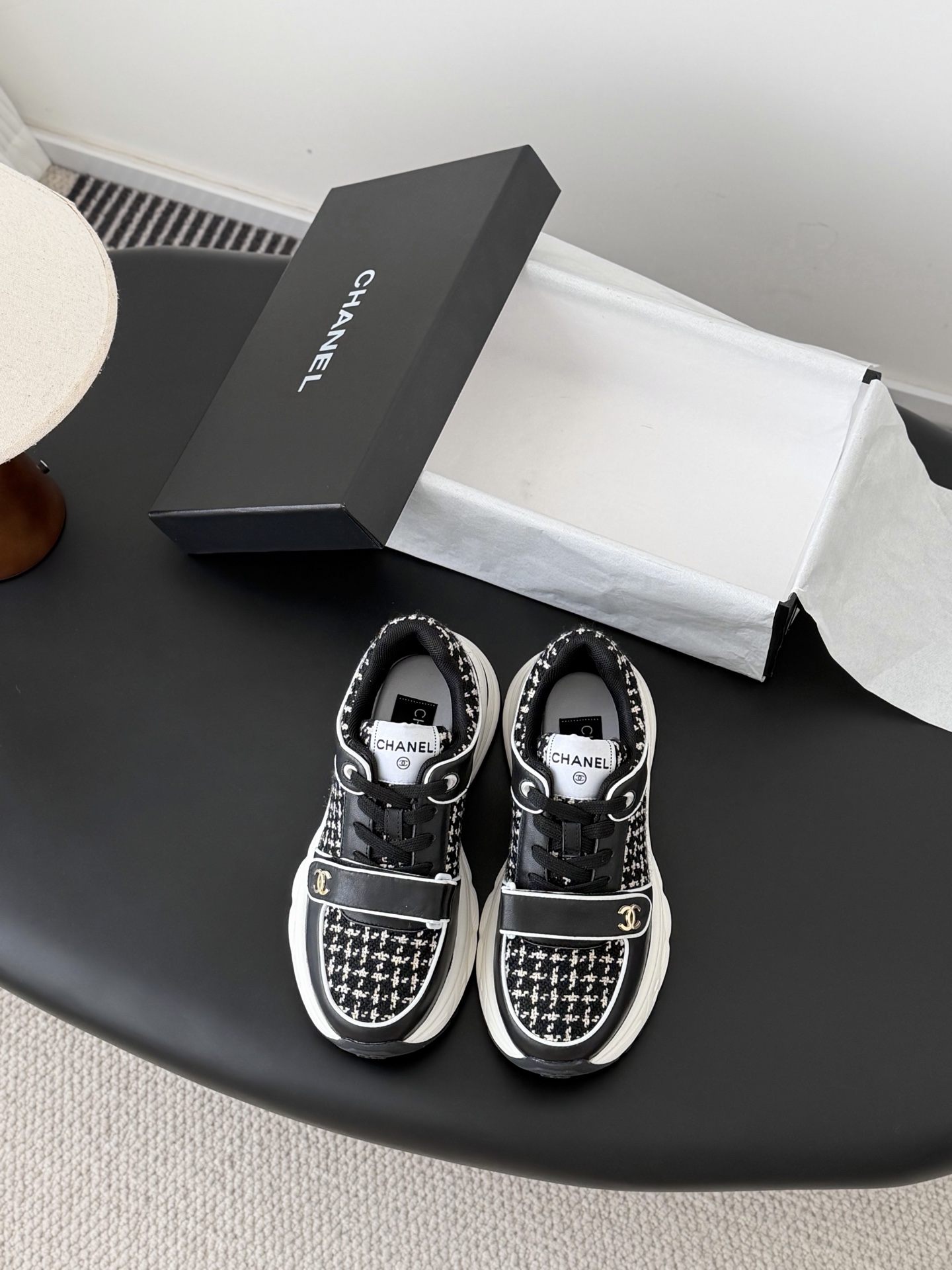Chanel Tweed Leather CC Grip Strap Lace-Up Low Top Platform & Chunky Dad Sneakers - KAIROO