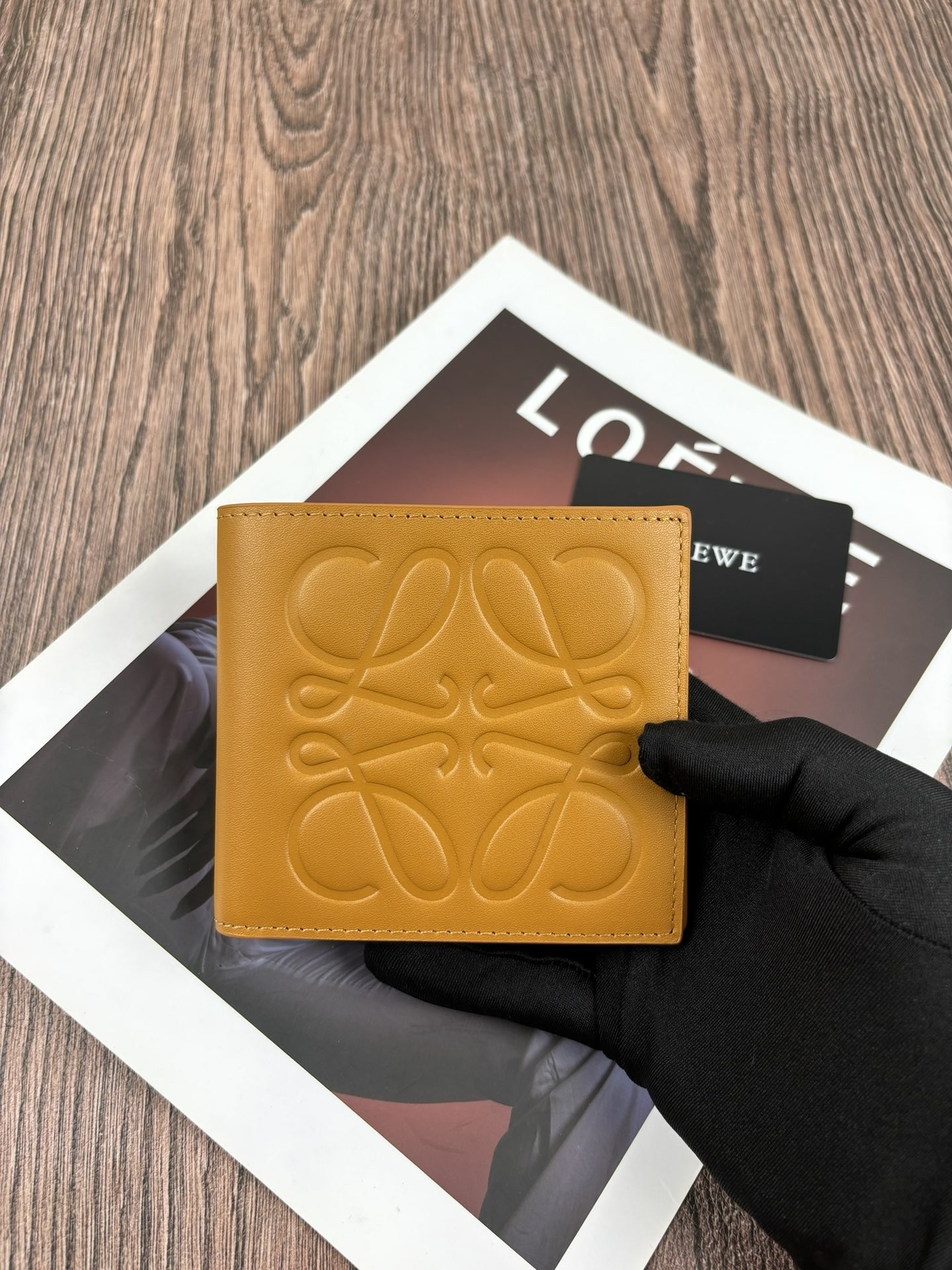 Loewe Mustard &  Black Anagram Full Embossed Leather Bifold Short Wallet - KAIROO