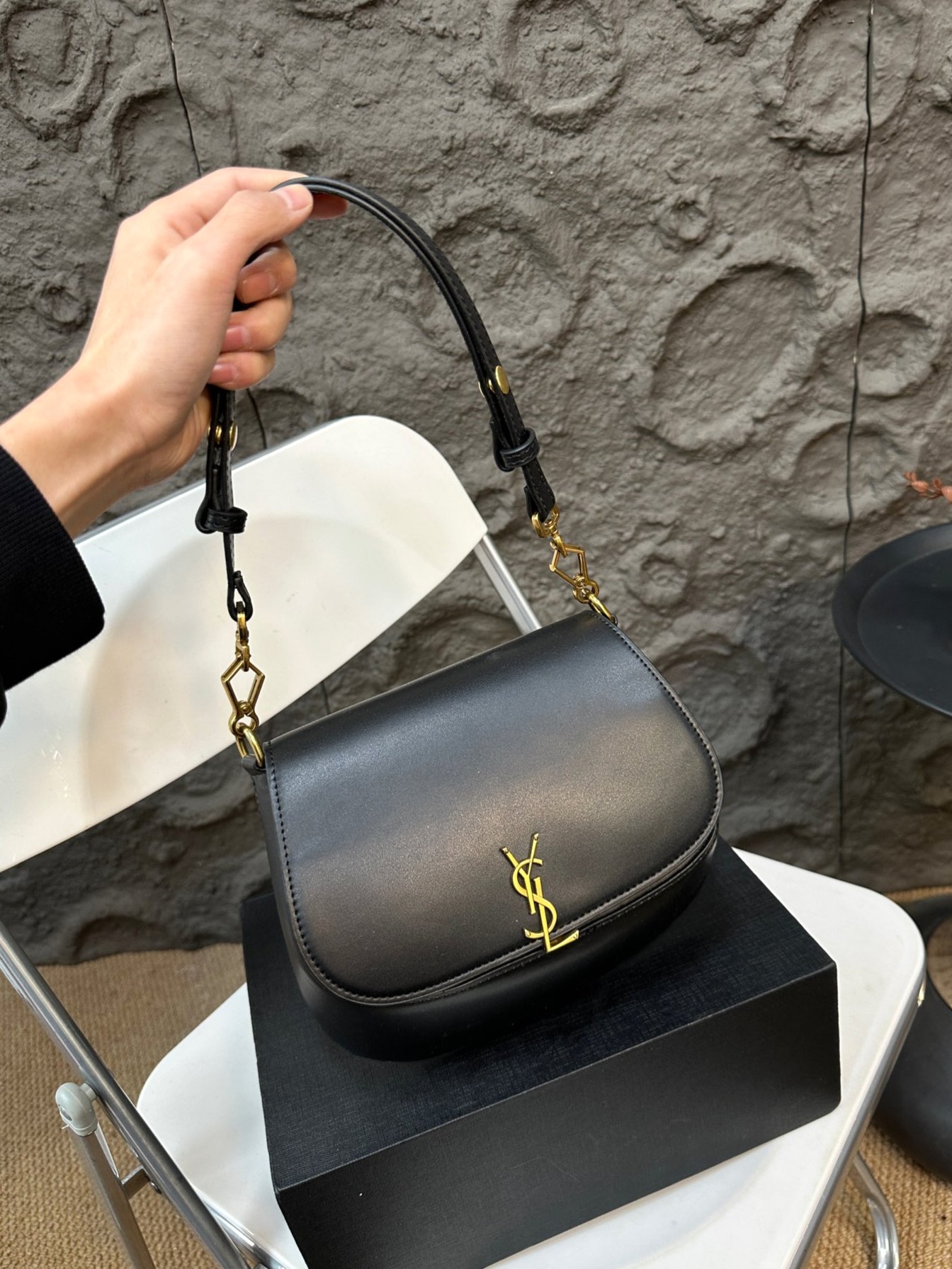 Saint Laurent YSL Smooth Leather Voltaire Box Curved Hobo Volta Flap Saddle Shoulder Bag - KAIROO
