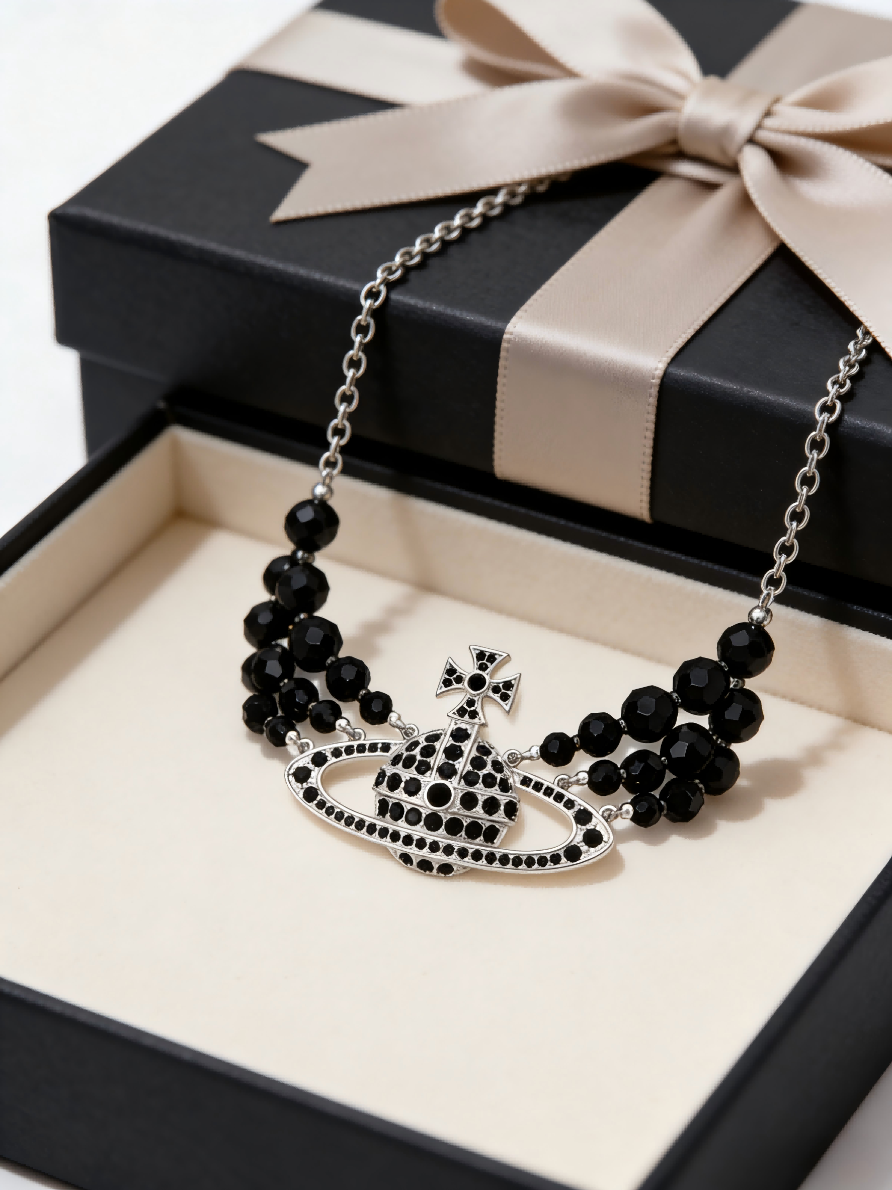 Gothic Black Beaded Saturn Pendant Necklace | Punk Style Statement Choker for Women