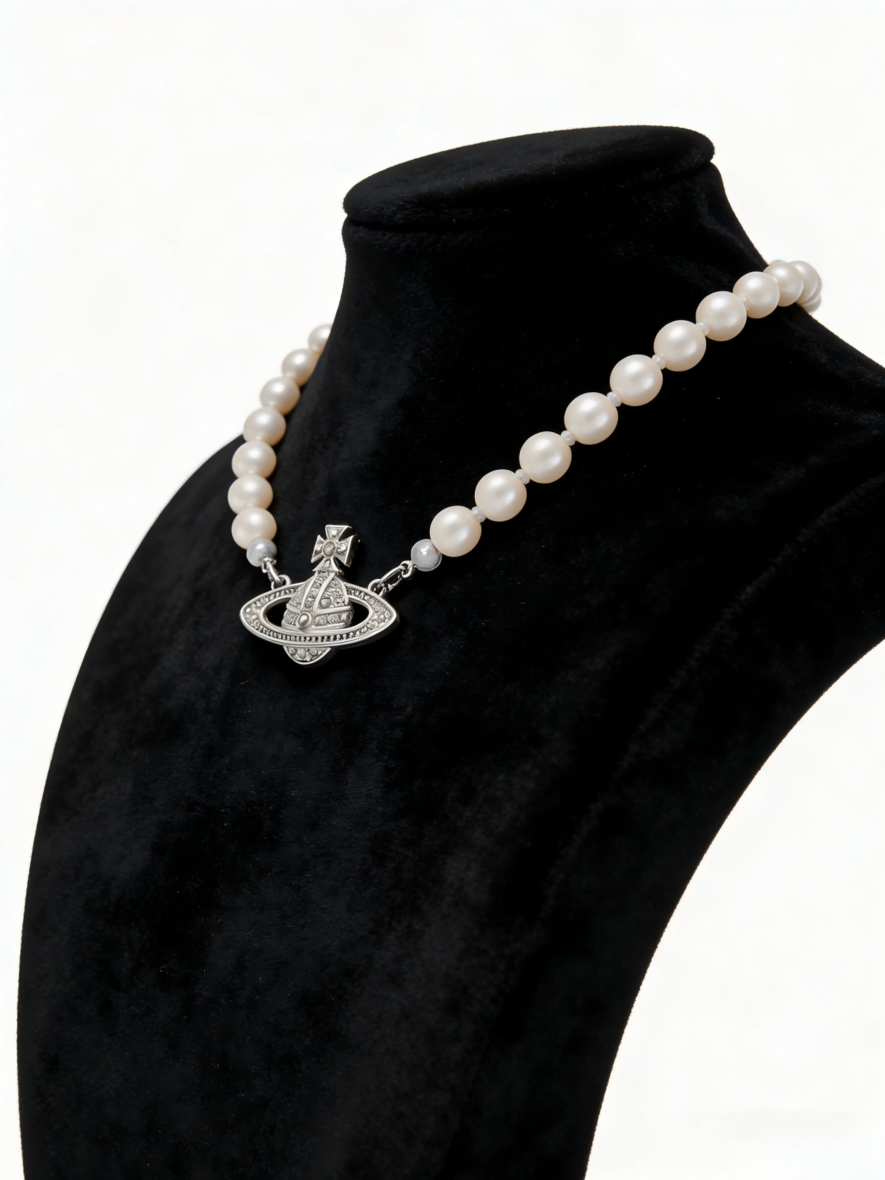 2026 New Silver-Tone Pearl Choker Necklace, Paved Crystal Planet Pendant, Elegant Vintage Jewelry for Daily Wear