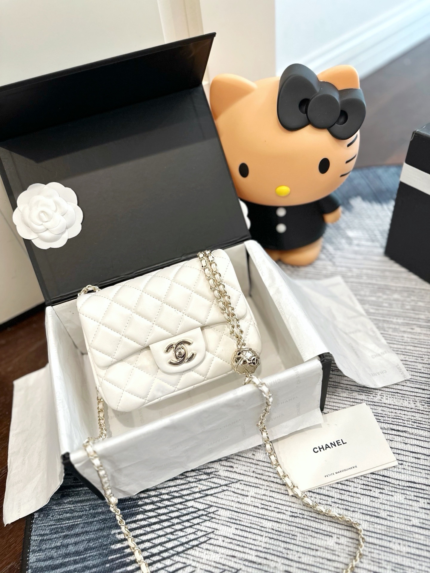 Chanel Mini Square CF 17CM Silver Ball Pearl Crush Quilted Leather Flap Chain Shoulder Bag - KAIROO