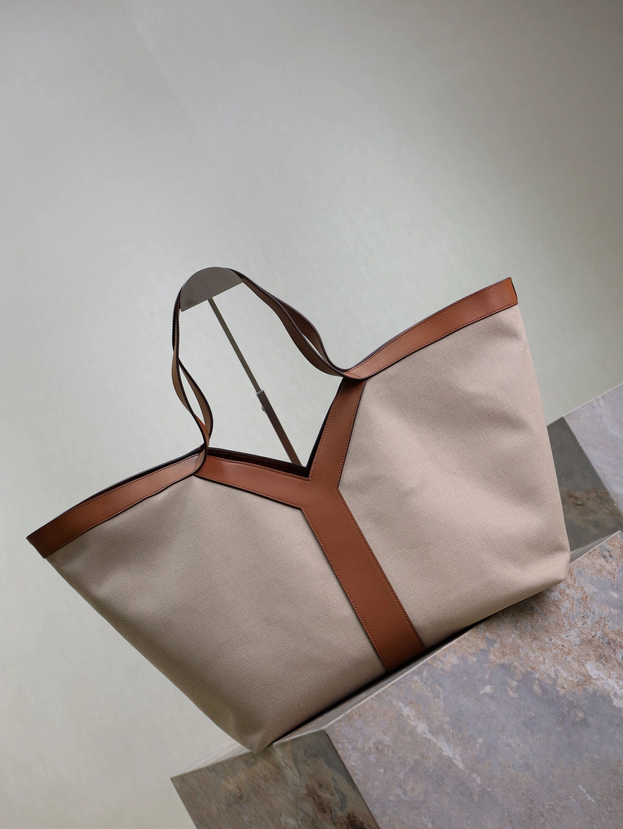 Saint Laurent YSL  Tote Bag Beige Brown Canvas Leather