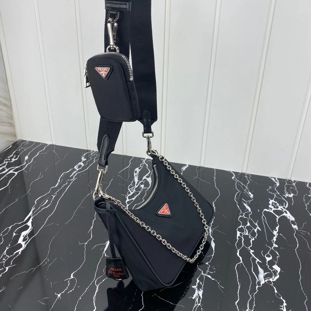 Prada HOBO 22 BAG IN BLACK RE-NYLON WITH RED LOGO