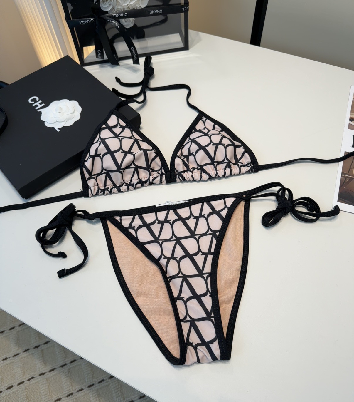 Valentino Garavani VLogo Pink Black Monogram Print Triangle Bikini Set Swimwear - KAIROO
