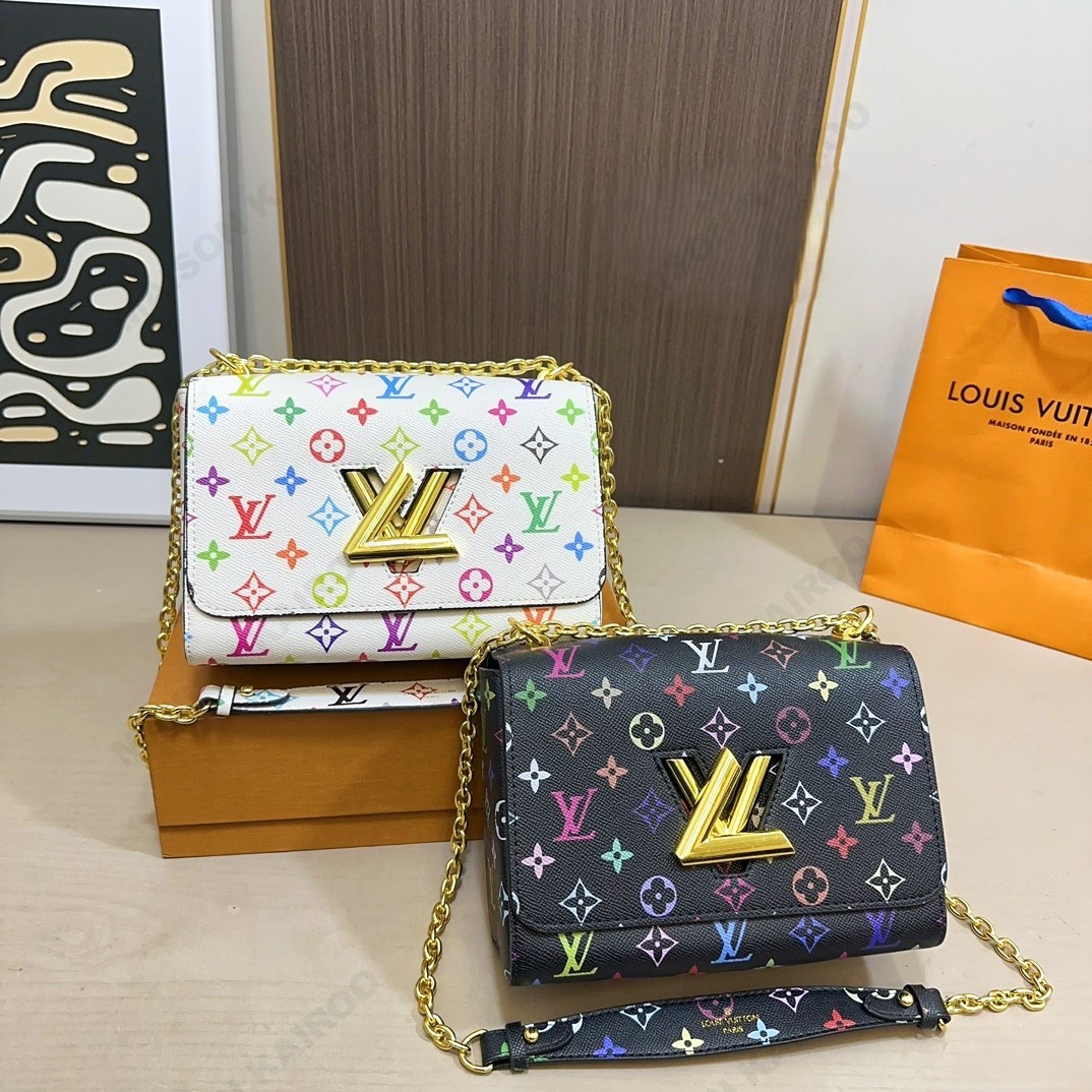 Louis Vuitton LV x TM Twist Lock MM White/Black Multicolor Monogram Canvas Leather Flap Shoulder Bag - KAIROO