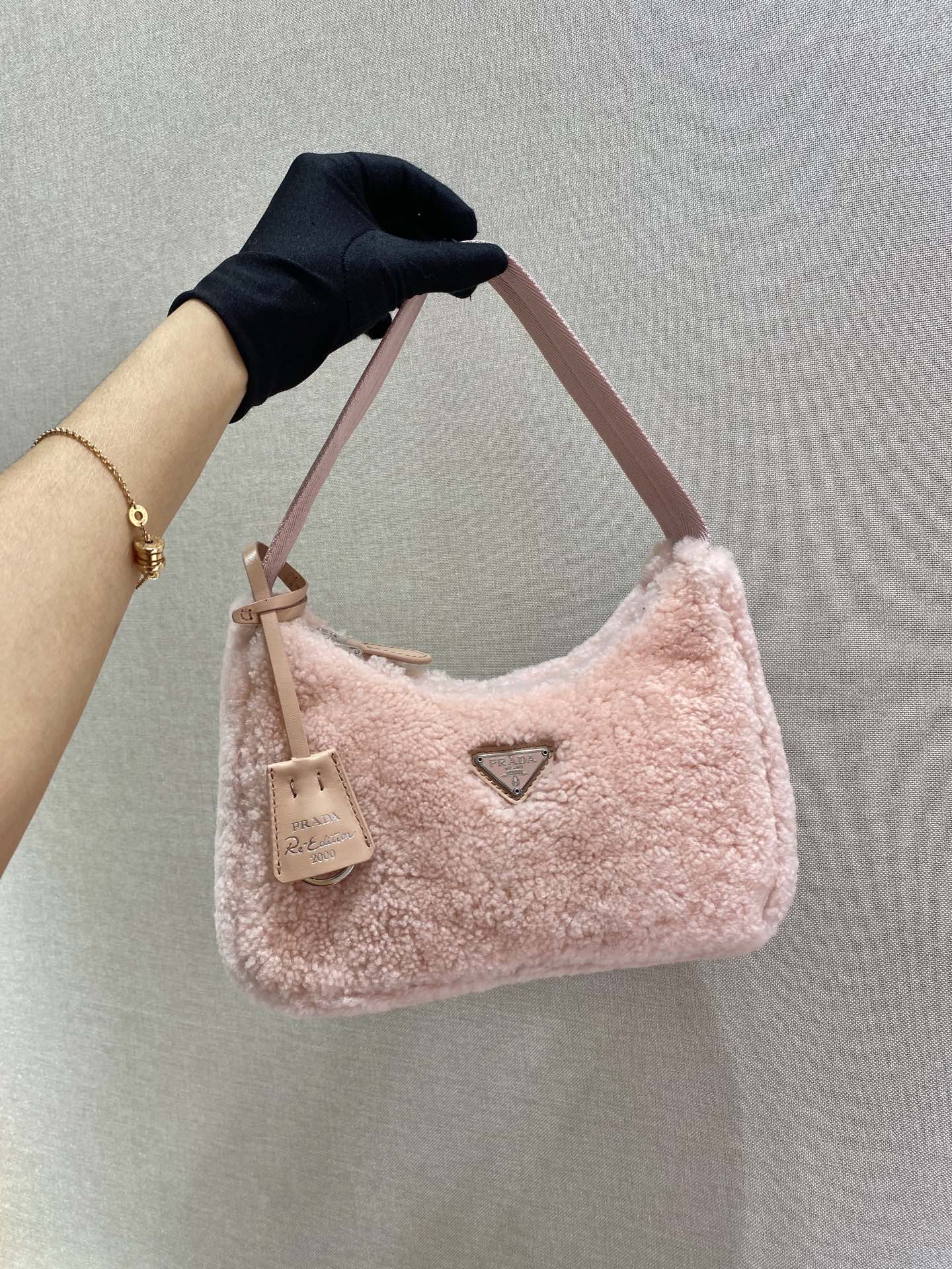 Prada HOBO BAG 23 IN LIGHT PINK SHEARLING