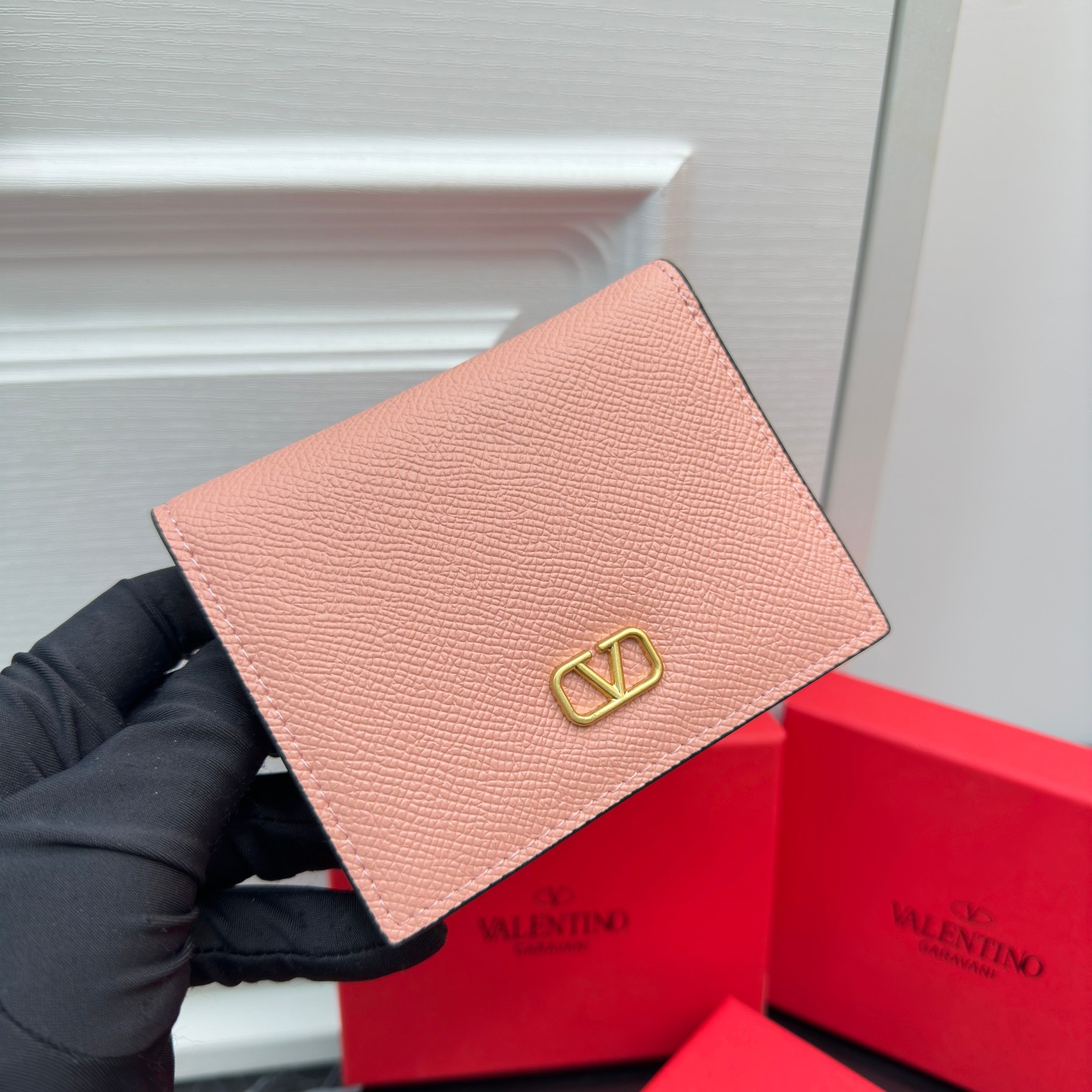 Valentino VLogo Signature Grained Leather Gold Hardware Square Compact Bifold Wallet - KAIROO