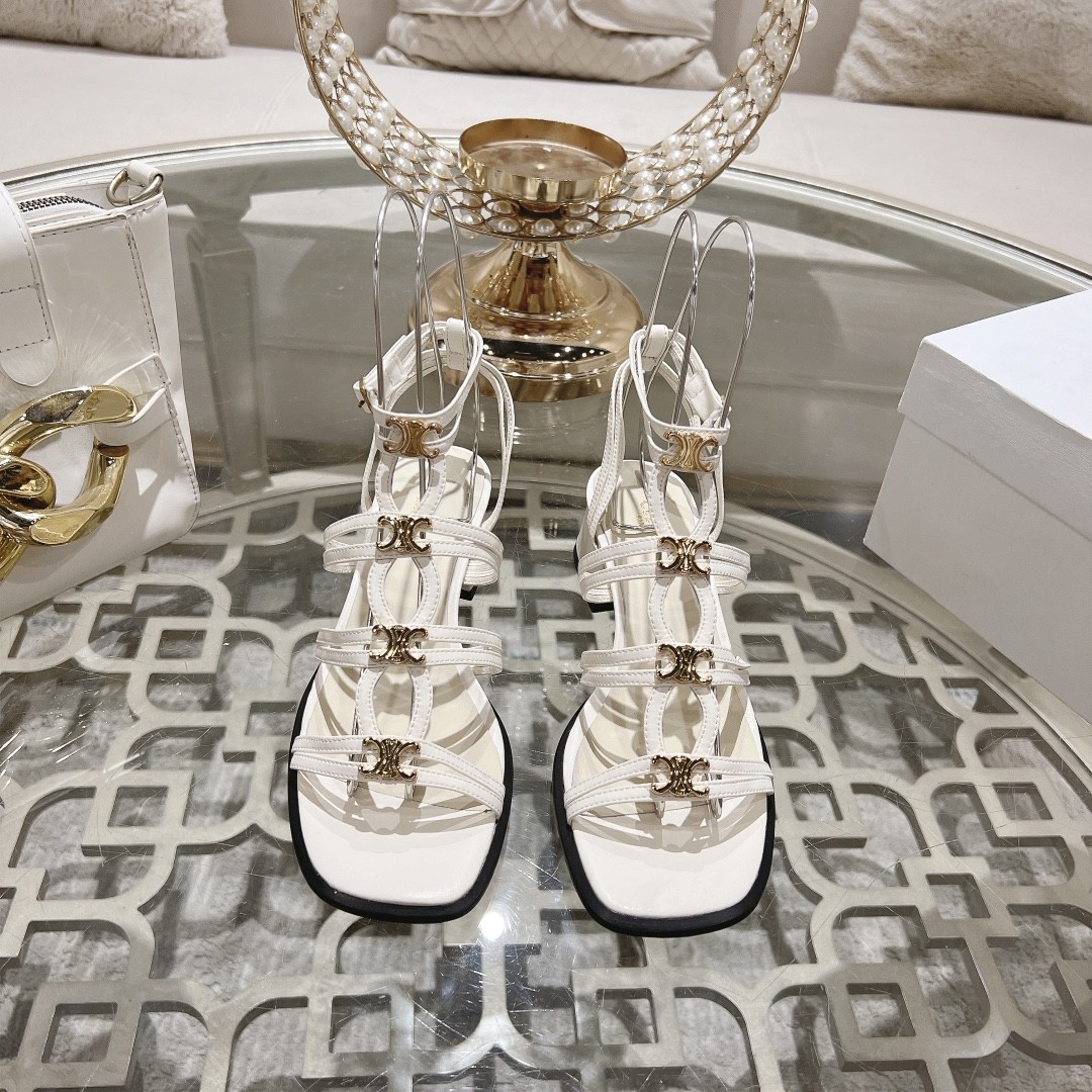 Celine Multi Triomphe Gold Buckle Glossy Leather Block Heel Gladiator Sandals - KAIROO