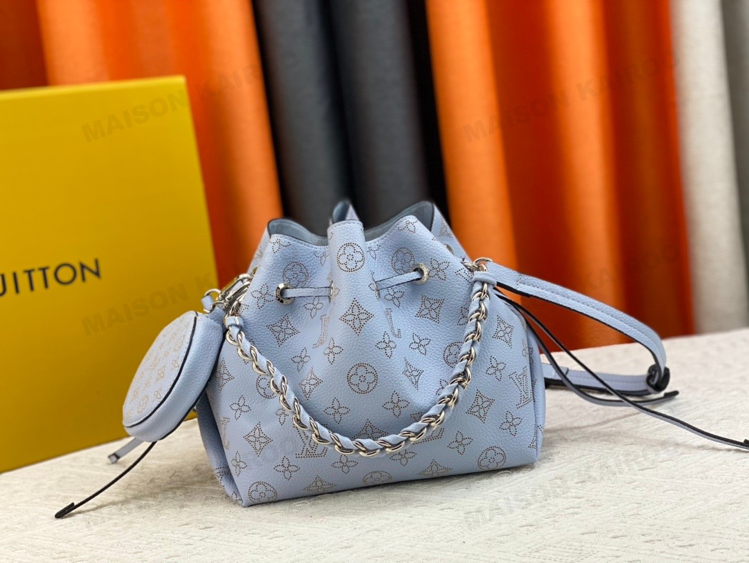Louis Vuitton LV Mahina Bella Blue Perforated Monogram Leather Drawstring Bucket Shoulder Bag - KAIROO