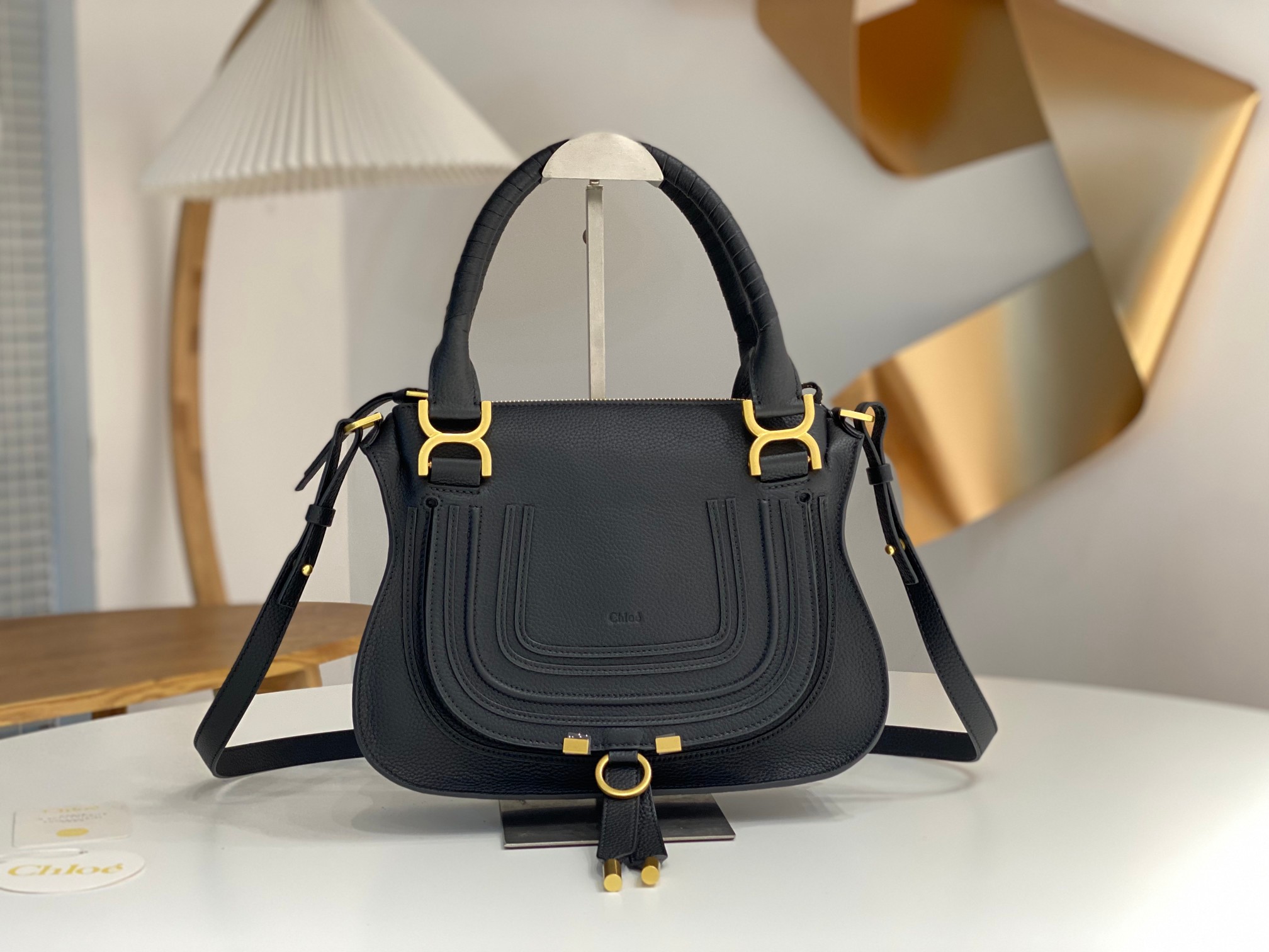Chloe Small Marcie Bag in Grained Leather-Black