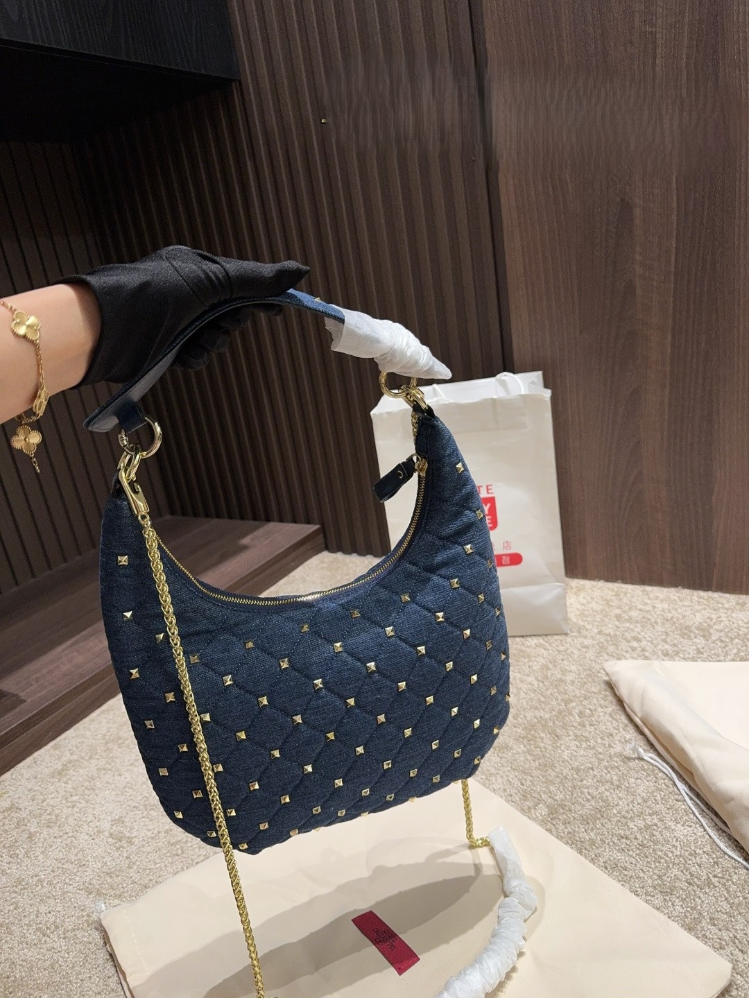 Valentino Garavani Rockstud Spike Blue Denim Quilted Each-intersect Metal Studs Shoulder Hobo Bag - KAIROO