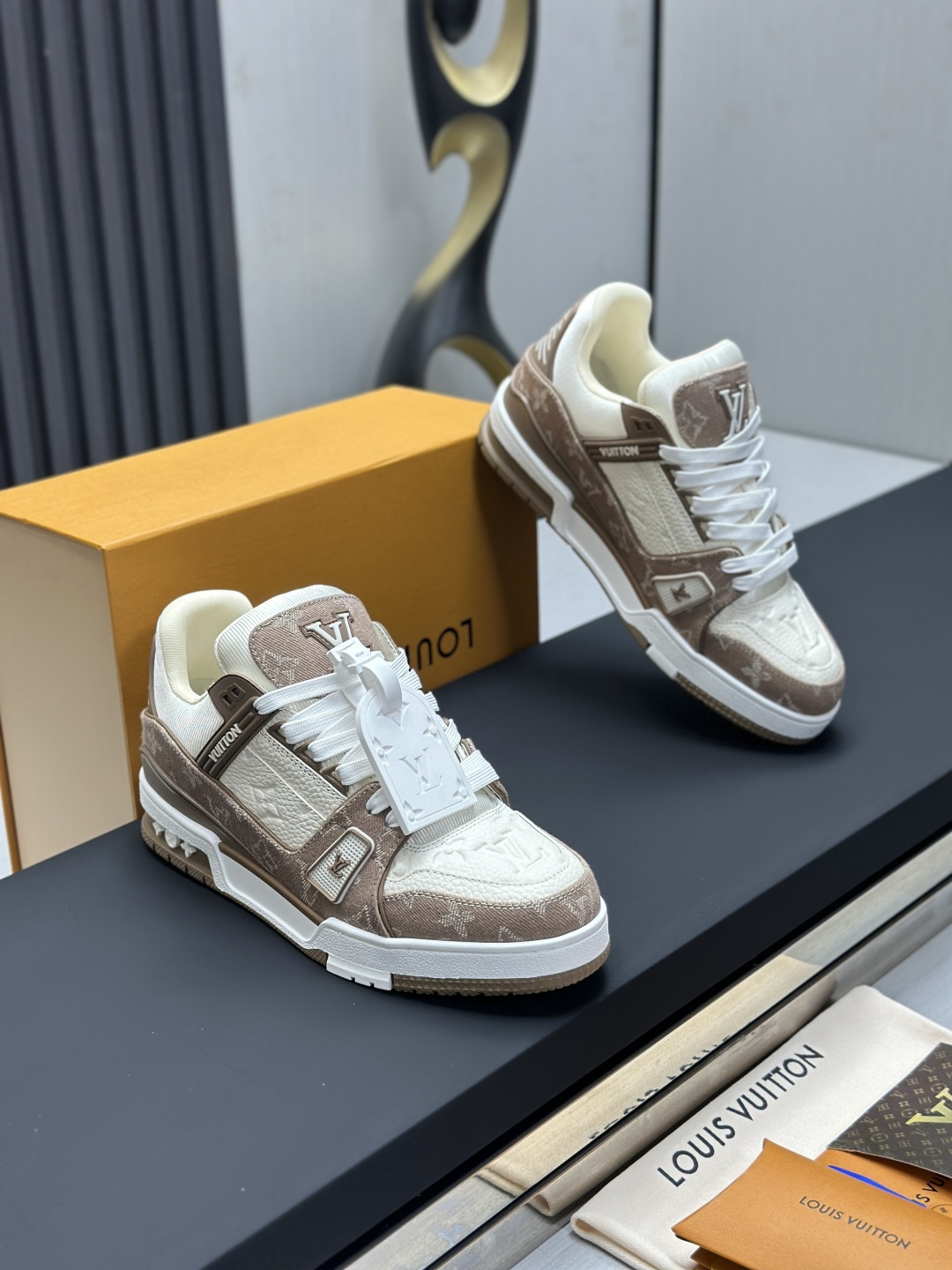 Louis Vuitton Brown Monogram Denim Embossed Leather LV Trainer Low Top Chunky Skate Sneakers - KAIROO