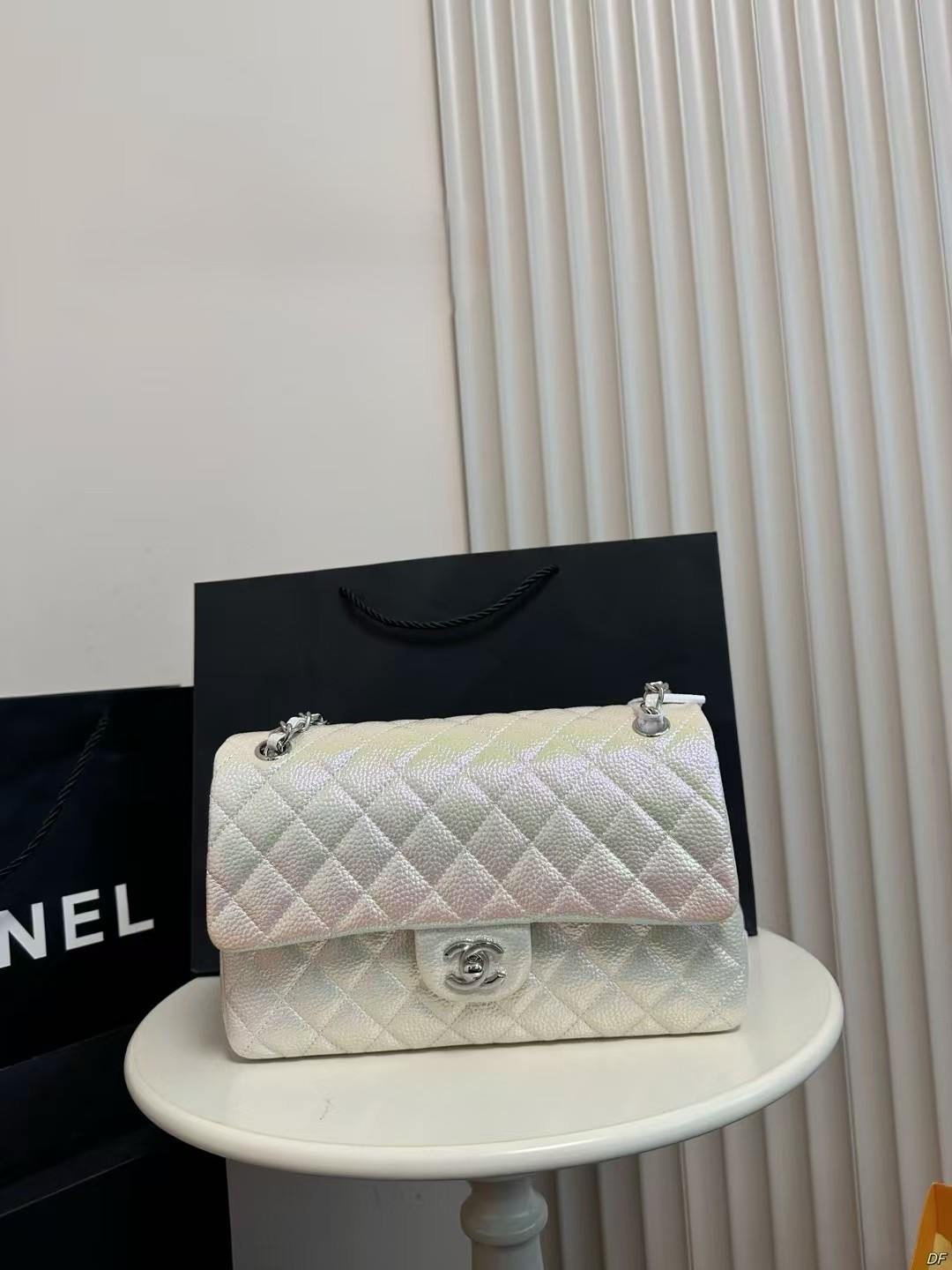 Chanel CF Medium 25cm Iridescent Mermaid Caviar Quilted Leather Silver HW Double Flap Chain Shoulder Bag - KAIROO