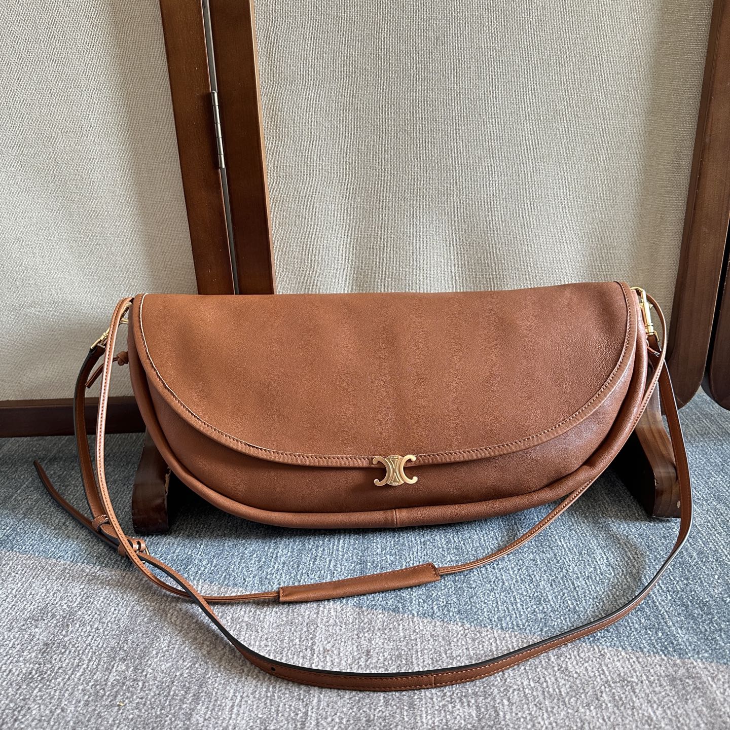Celine Large Halfmoon Soft Triomphe Bag in Supple Lambskin-BROWN