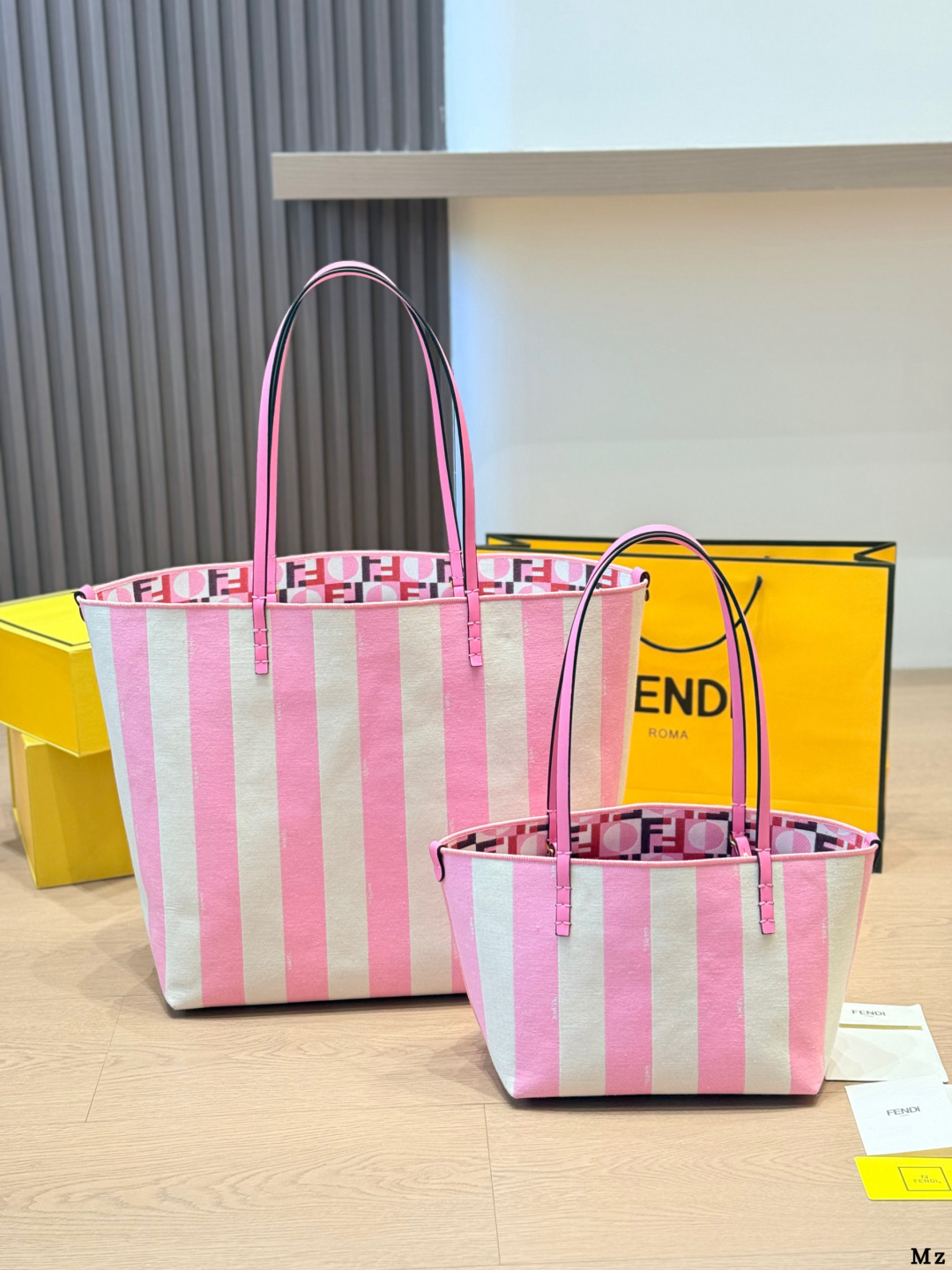 Fendi Pink And White Striped Canvas Leather Straps Reversible Design Tote Bag - KAIROO