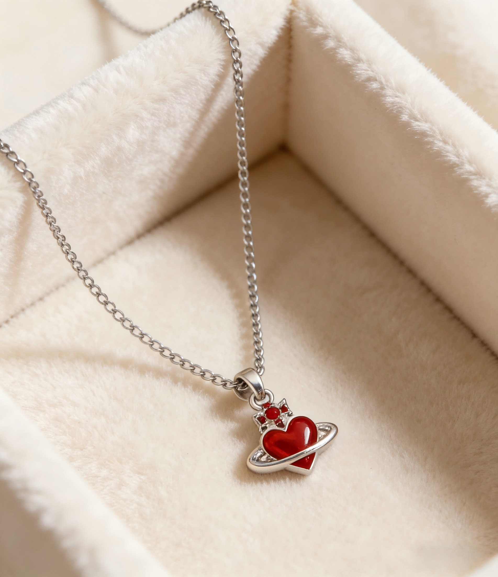 2026 New Vivienne Westwood Style Red Heart Saturn Pendant Necklace - Silver Tone Rhinestone Celestial Jewelry for Women