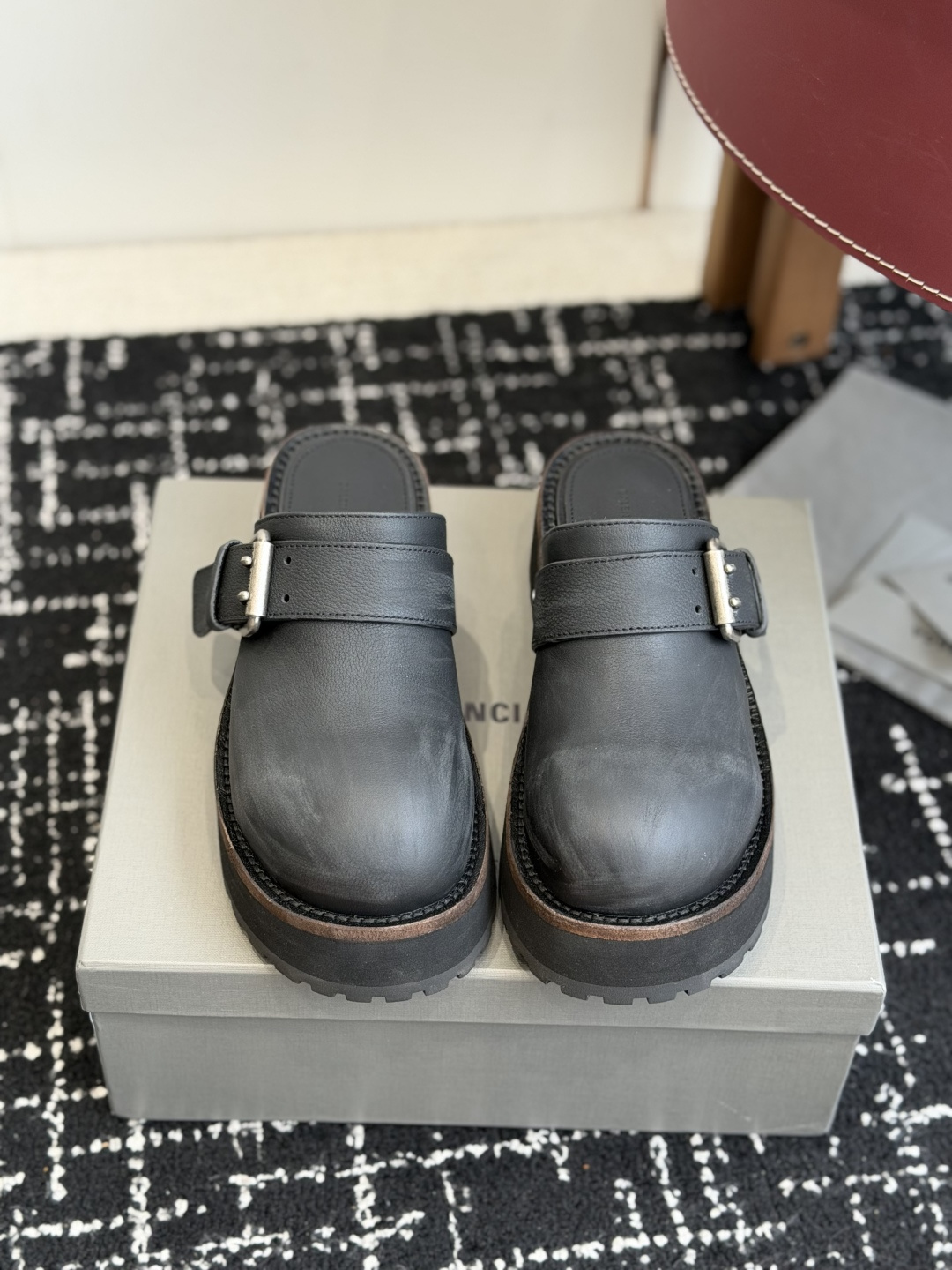 Balenciaga x Scholl Pescura Sunday Round Toe Platform Buckle Leather Cork-Covered Sole Mules Sandals - KAIROO