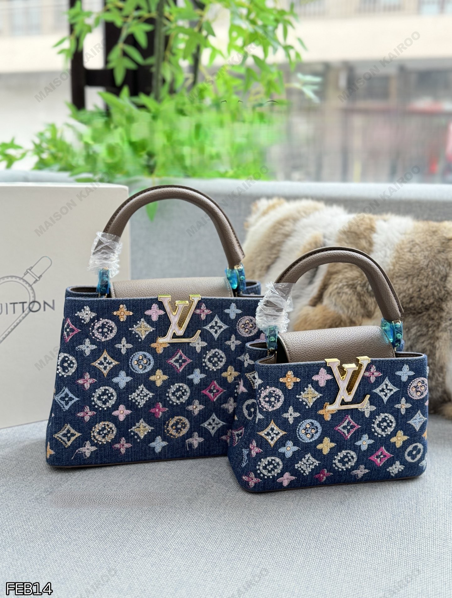 Louis Vuitton LV Capucines BB/Mini Denim Multicolor Embroidery Leather Taupe Trim Top Handle Bag - KAIROO