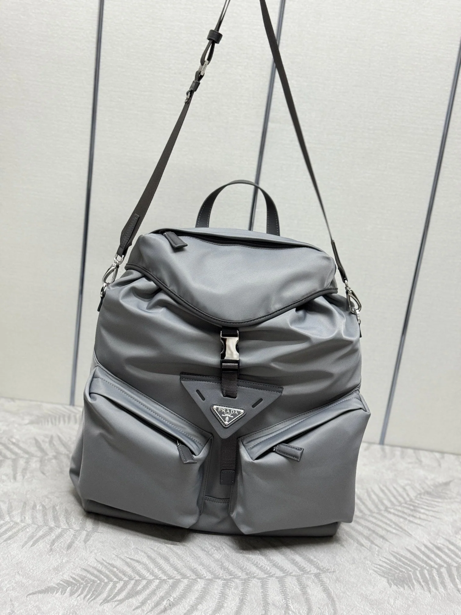 Prada TRIANGLE LOGO BACKPACK 42 IN RHINO GRAY RE-NYLON