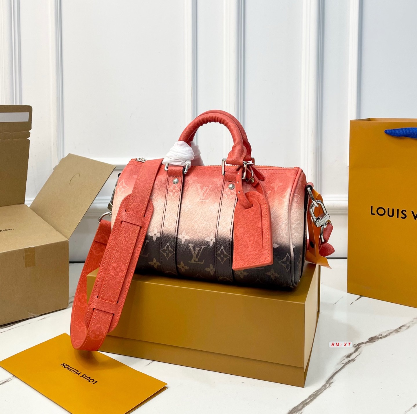 Louis Vuitton LV Keepall 25 Monogram Sunset Orange Brown Gradient Leather Travel Duffle Barrel Bag - KAIROO