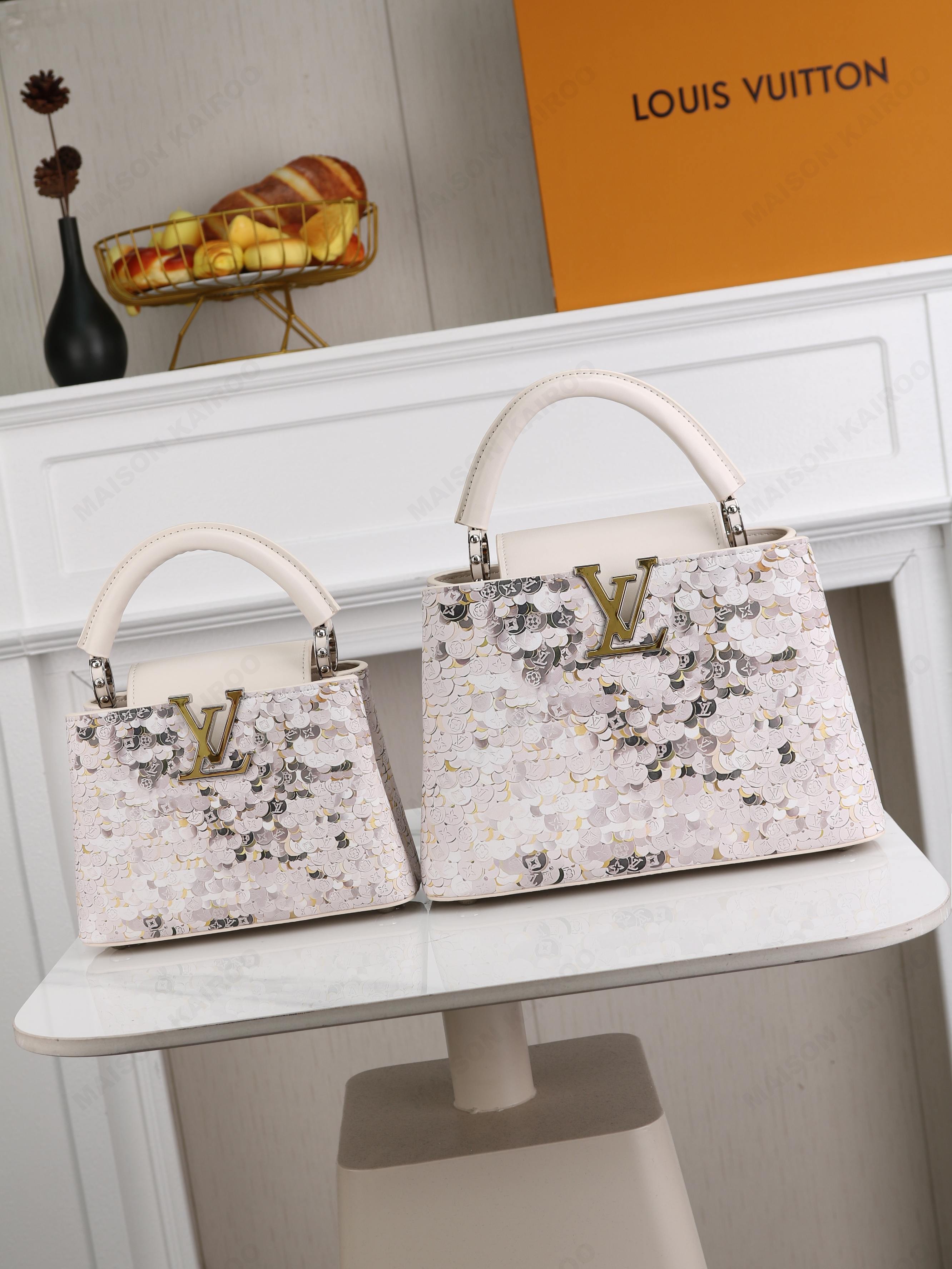 Louis Vuitton LV Capucines BB/Mini White Logo Fish Scale Printed Leather Top Handle Bag - KAIROO