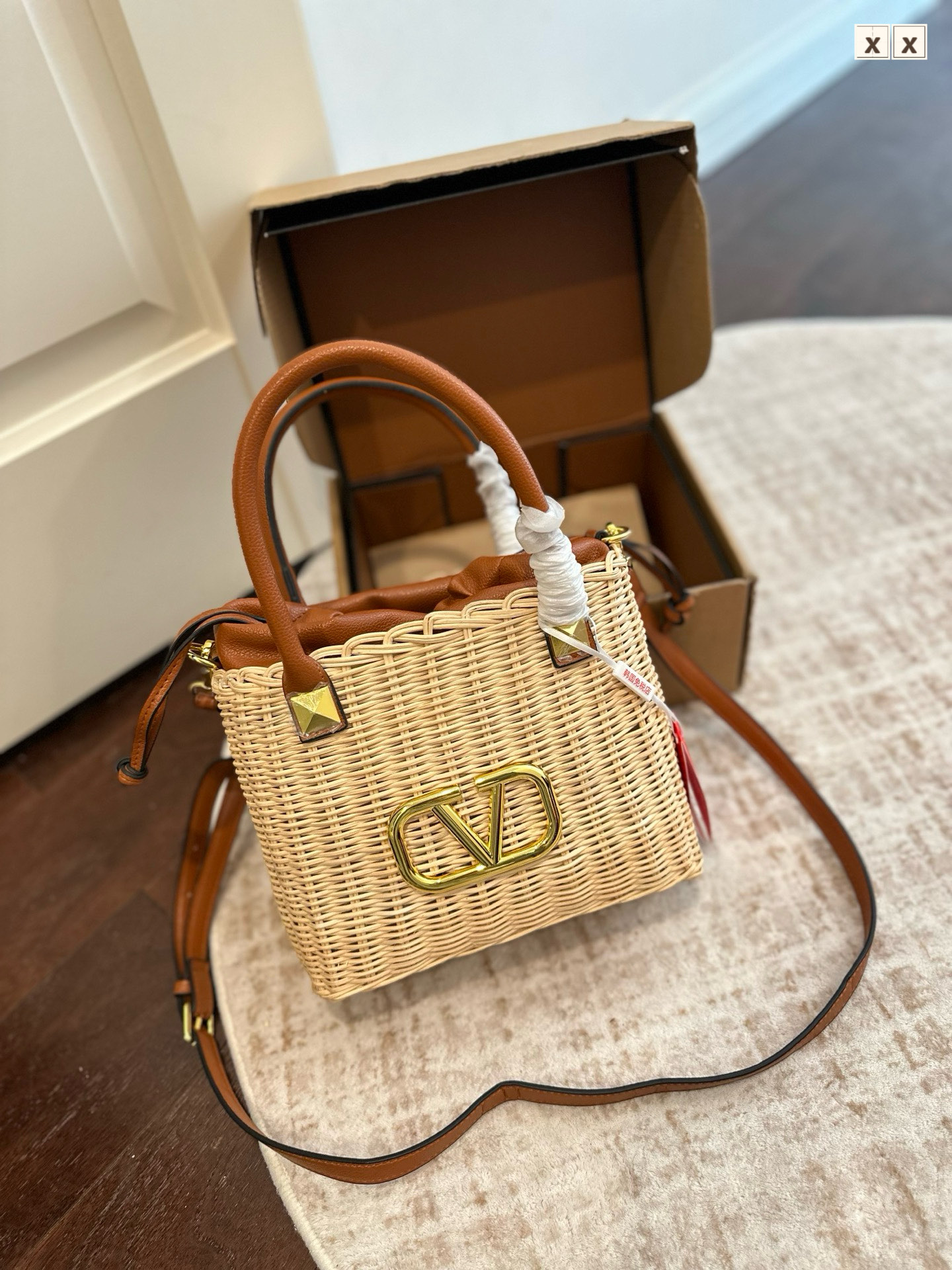 Valentino Garavani Gold VLogo Woven Raffia Leather Drawstring Lining Handle Basket Bucket Bag - KAIROO
