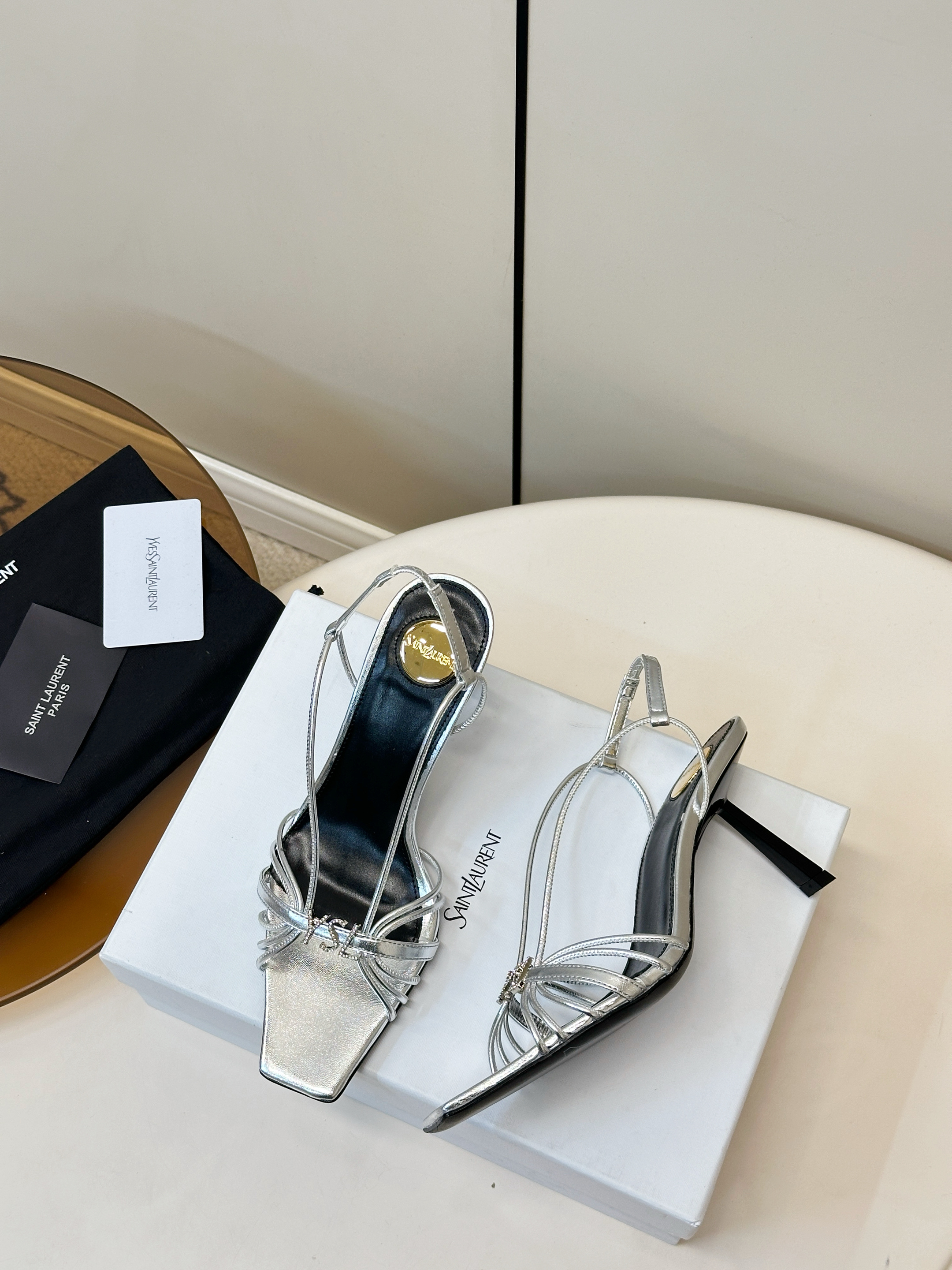 Saint Laurent YSL Cassandra Square Toe Crystal Logo Metallic Leather Strappy Slingback Heel Sandals - KAIROO