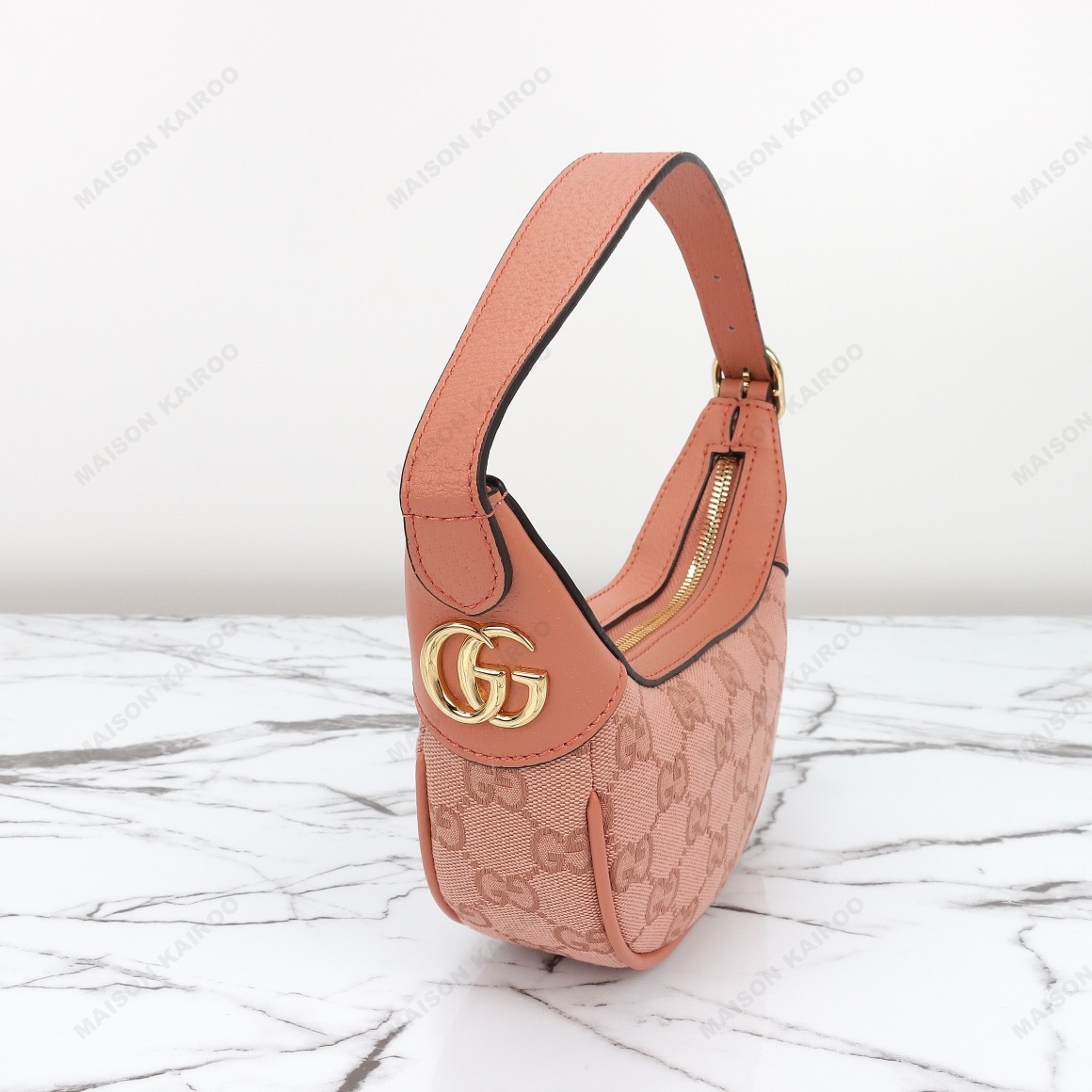 Gucci Ophidia Mini Coral Pink GG Jacquard Canvas Jumbo Pea Moon Hobo Top Zip Shoulder Bag - KAIROO