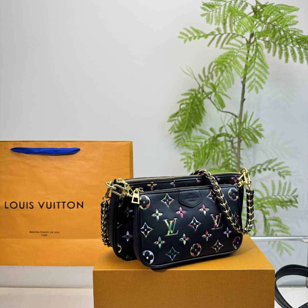 Louis Vuitton LV Multi Pochette Accessoires Broderies Black Multicolor Leather Chain Hobo Shoulder Bag - KAIROO