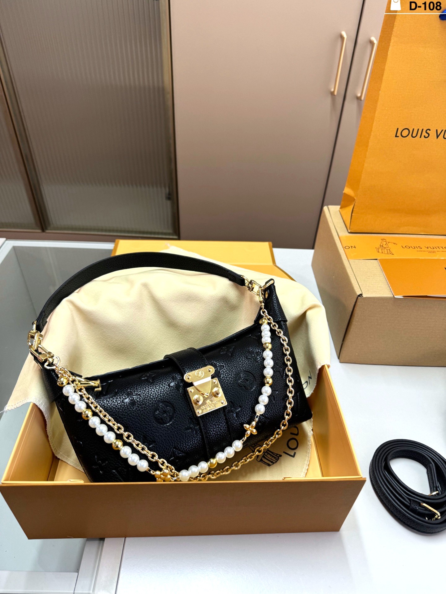 Louis Vuitton LV Pochette Mia Black Empreinte Leather Pearl Chain S-Lock Baguette Hobo Croissant Shoulder Bag - KAIROO