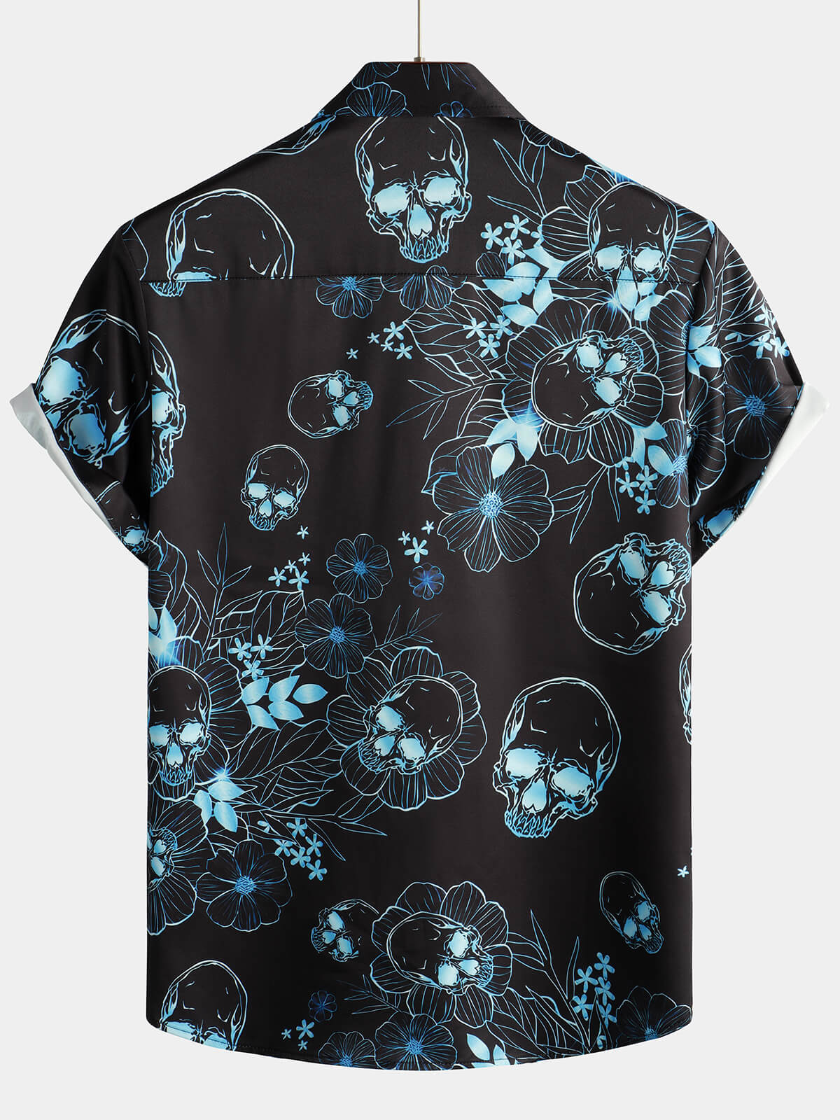 Men's Blue Floral Skull Print Casual Button-Up Short Sleeve Shirt
