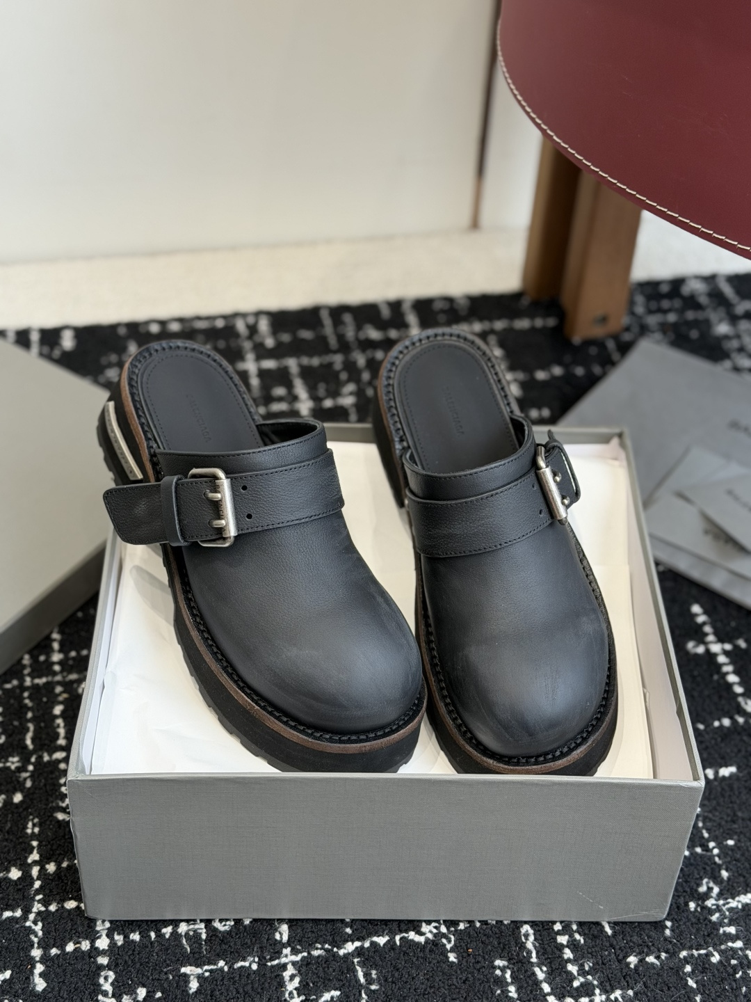 Balenciaga x Scholl Pescura Sunday Round Toe Platform Buckle Leather Cork-Covered Sole Mules Sandals - KAIROO