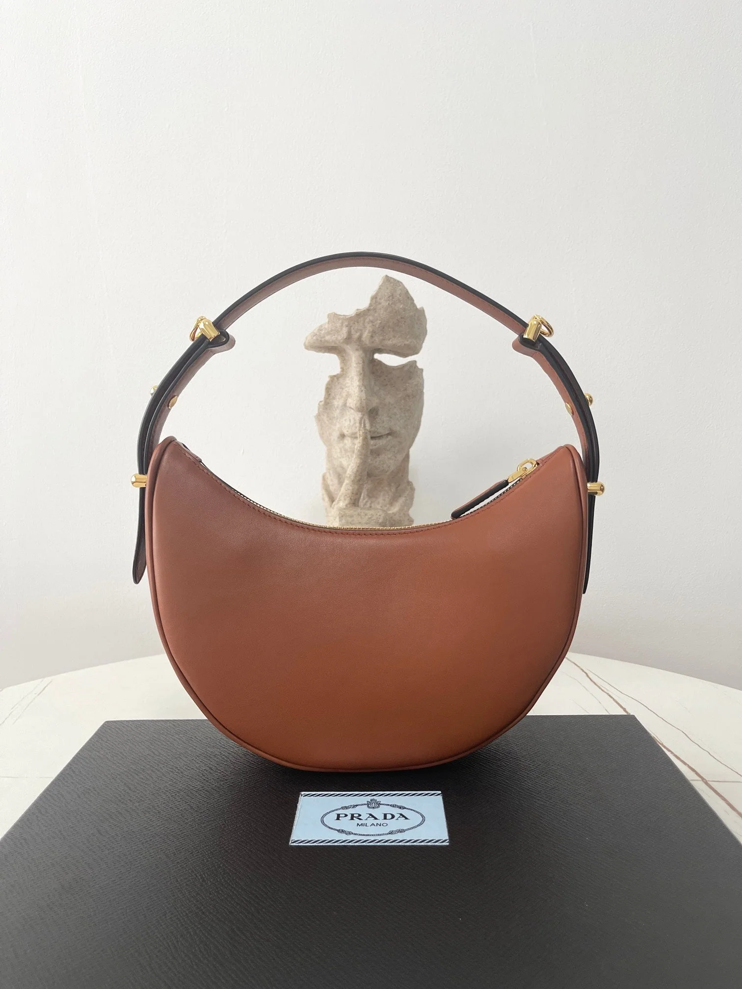 Prada ARQUÉ 22 SHOULDER BAG IN COGNAC BROWN LEATHER