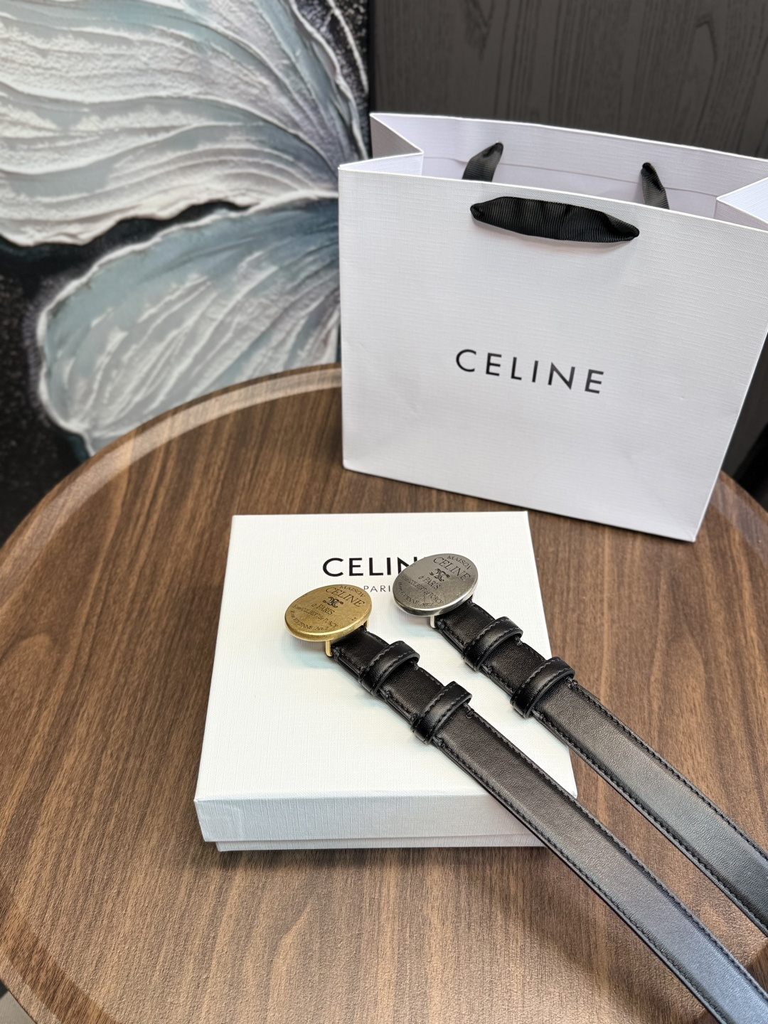 Celine Coin Round Vintage Medallion Buckle Smooth Leather Skinny Belt - KAIROO