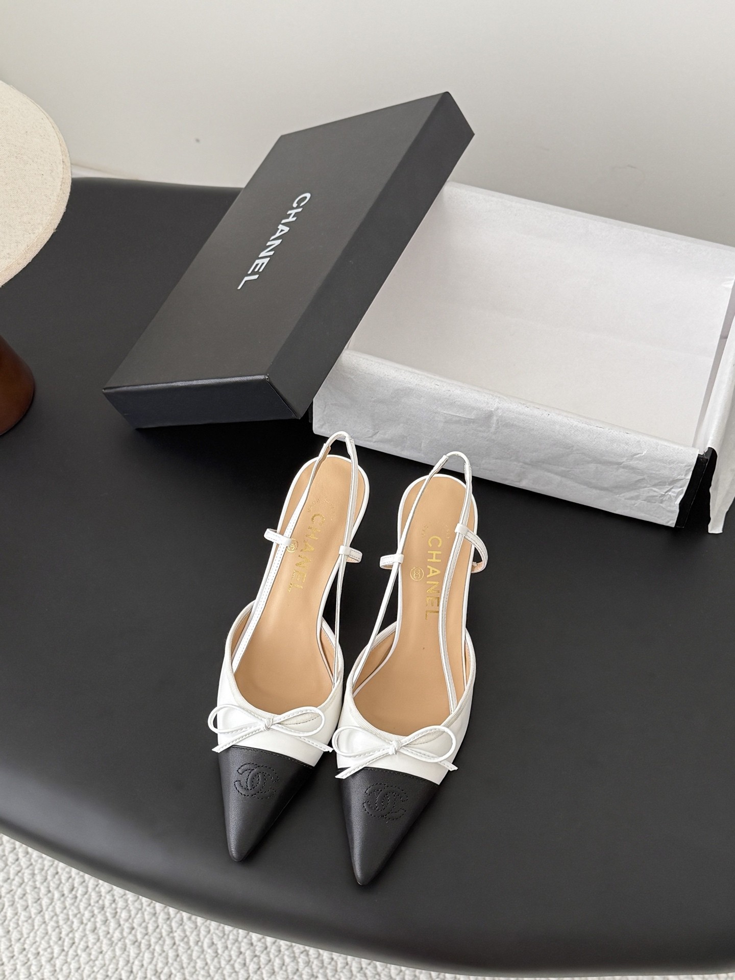 Chanel Calfskin & Suede Pointed Cap Toe Grosgrain Bow Embroidered CC Slingback Kitten Heels Pumps - KAIROO