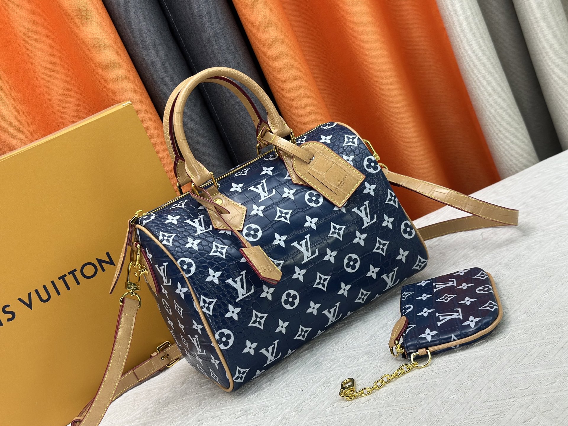Louis Vuitton LV Speedy 25/30 Monogram Blue Crocodile Embossed Leather Boston Top Handle Bag - KAIROO