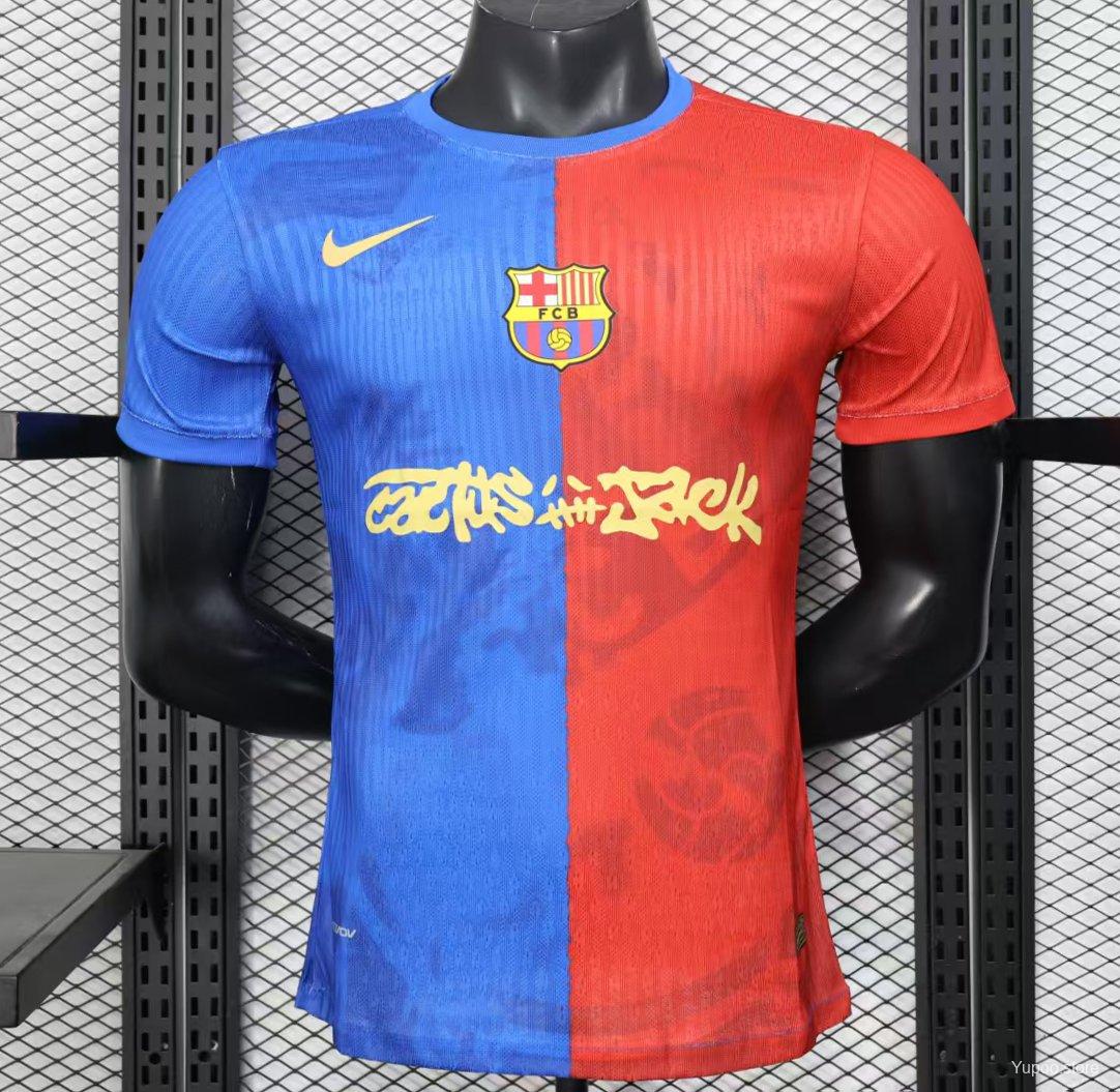 25/26 Barcelona Travis Scott Blue with Red Half Split Player Version Jersey
