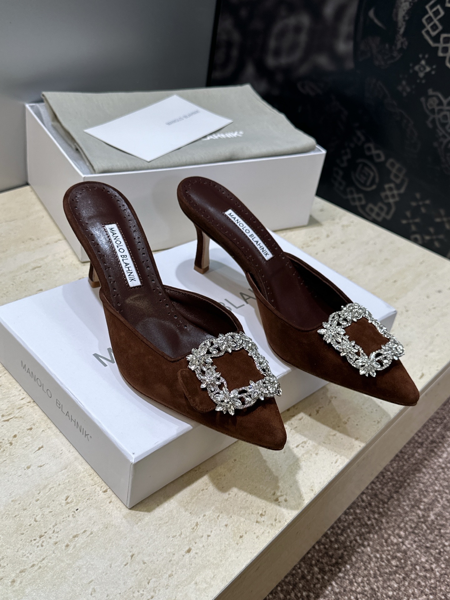 Manolo Blahnik Swarovski Crystal and Suede Heeled Slide
