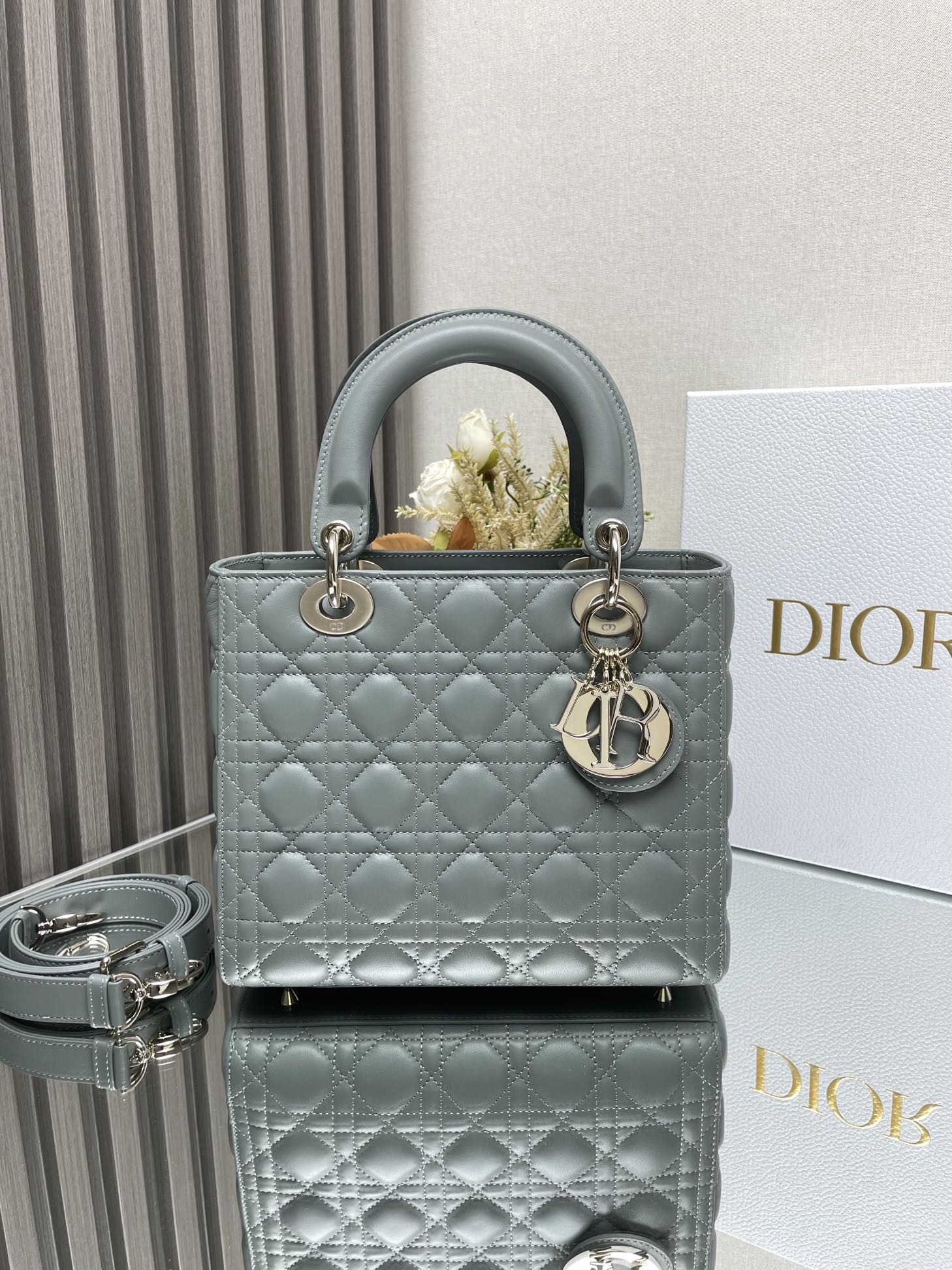 Medium Lady Dior Bag in Stone Grey Cannage Lambskin
