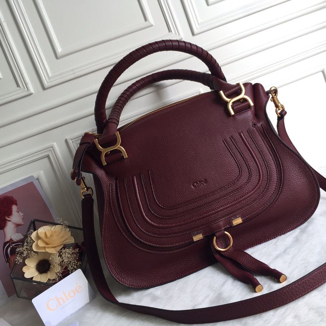 Chloe Large Marcie Bag in Grained Calfskin-Burgundy