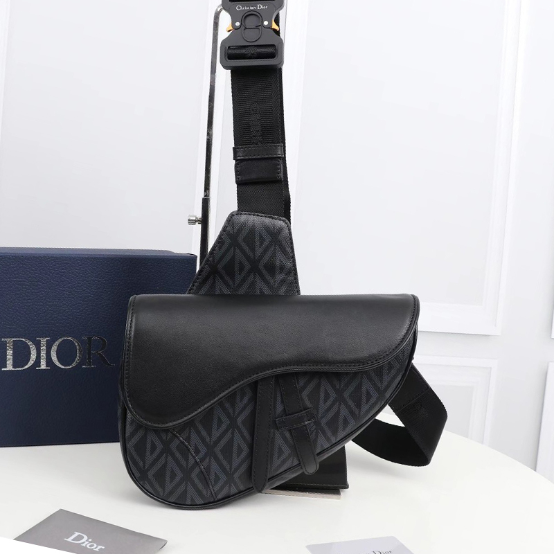 Dior Shoulder Bags SADDLE BAG Black CD Diamond Canvas and Smooth Calfskin with Original Bo*