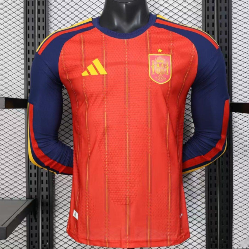 Player Version 2026 Spain Home Long Sleeve Red with Vertical Stripe Pattern Jersey S-3XL