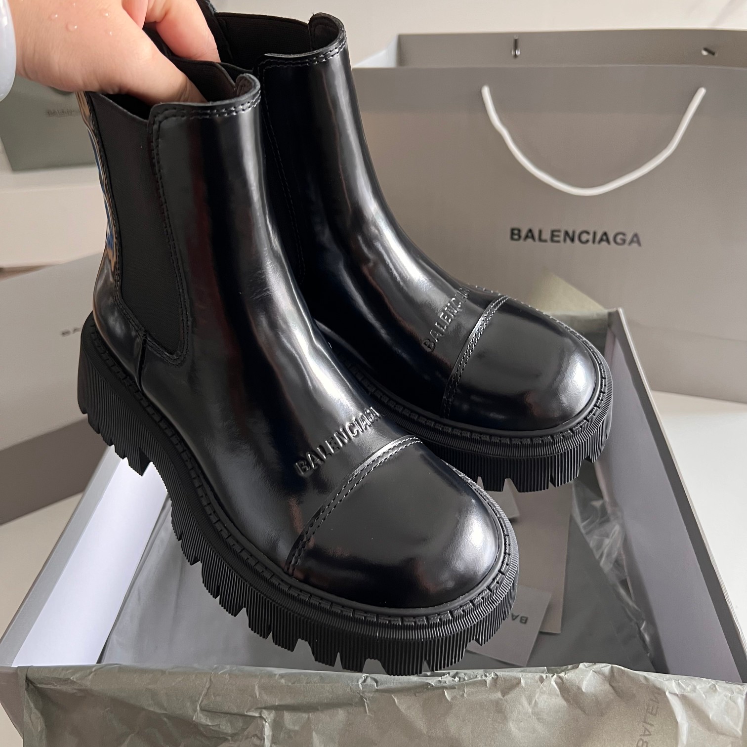 Balenciaga Tractor Black Spazzolato Leather Embossed Logo Lug Sole Chunky Chelsea Short Boots - KAIROO