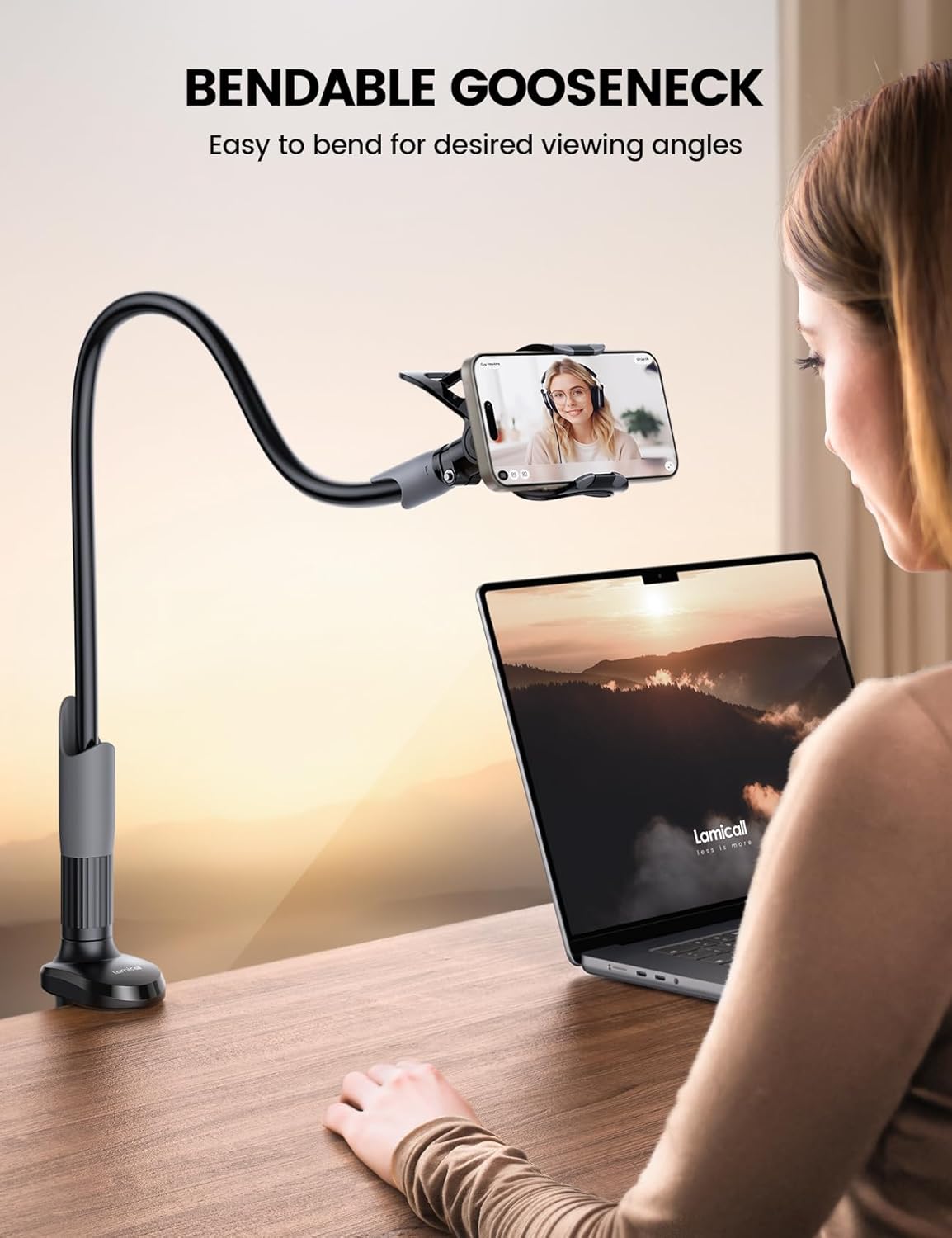 Lamicall Gooseneck Phone Holder for Bed - Cell Phone Mount Clamp Clip, Flexible Long Arm, Overhead Mount for Desk Headboard Bedside, Gifts for iPhone Air 17 Pro Max, 16 15 14 Pro Max and 4-7