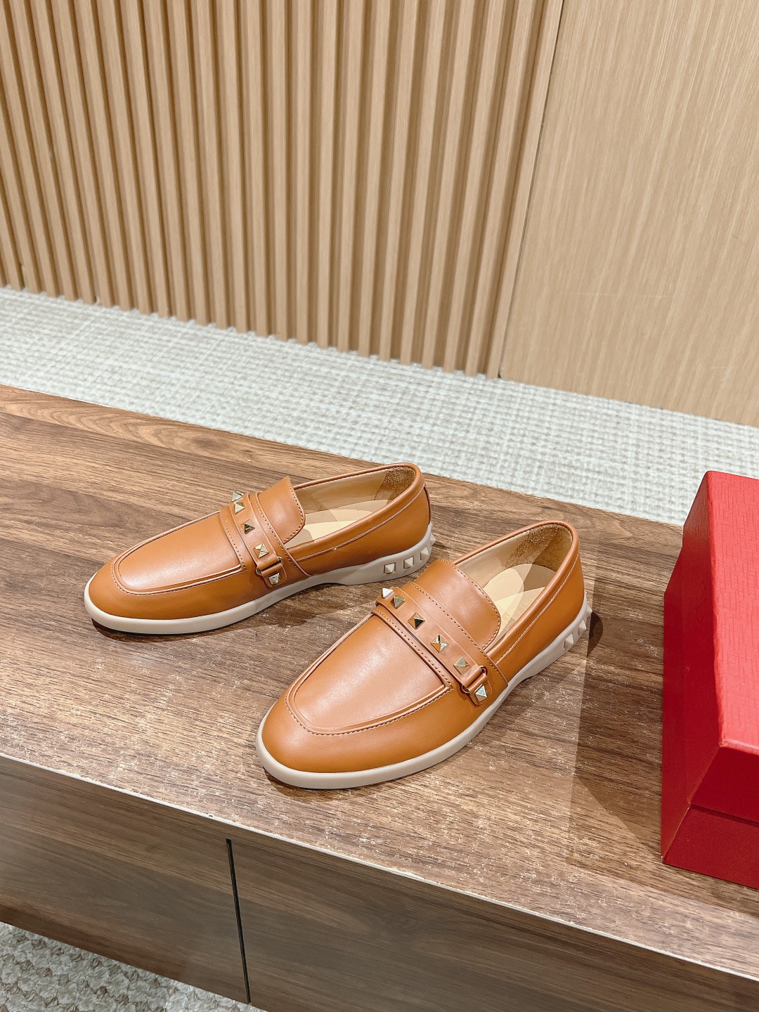 Valentino Garavani Brown Smooth Leather Gold Rockstud Untitled Strap Rubber Sole Loafers - KAIROO